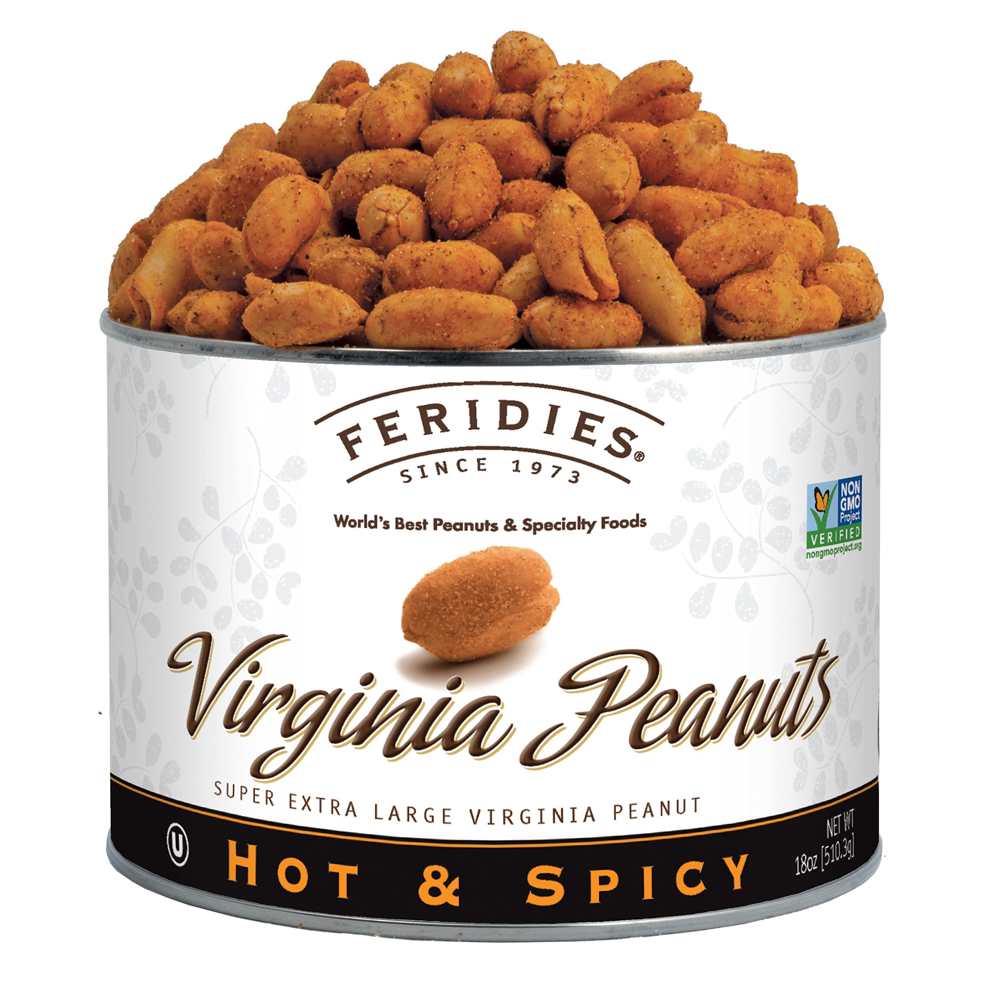 FERIDIES Super Extra Large Virginia Peanuts, Hot & Spicy, 18oz Can
