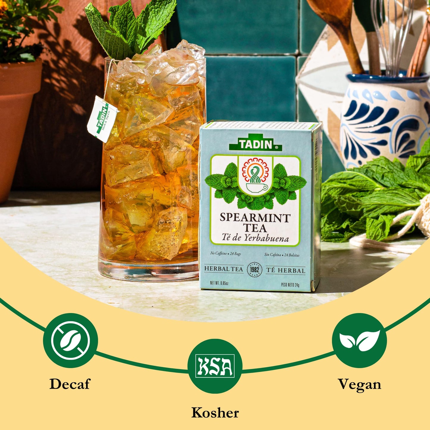 Tadin Spearmint Herbal Tea Bags, Caffeine Free, 24 Count (Pack of 6), Individually Wrapped, Great for Hot or Iced Tea