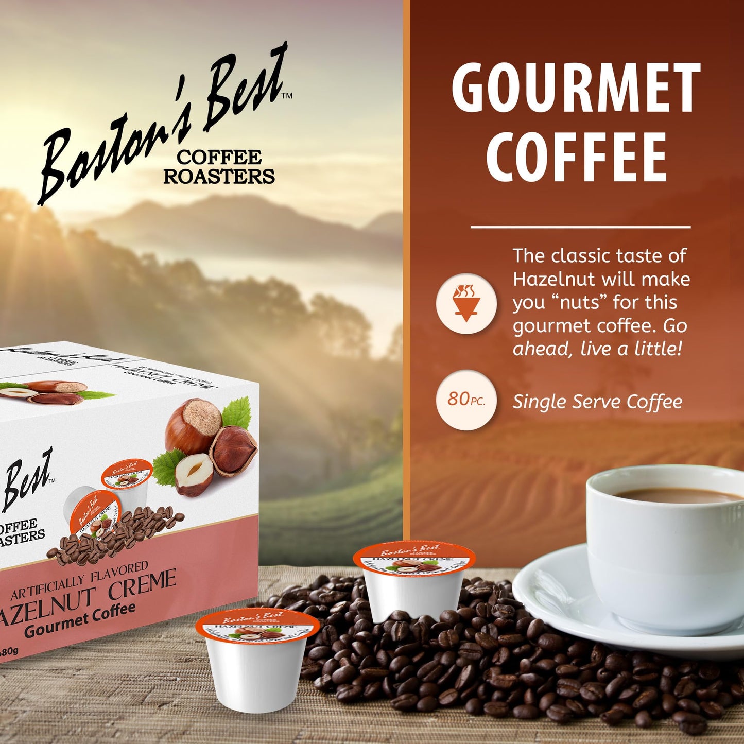 Bostons Best Gourmet Coffee - Hazelnut Creme Flavored, Compatible with Keurig, 80 Single Serve Cups, Model PP-GRCE29626