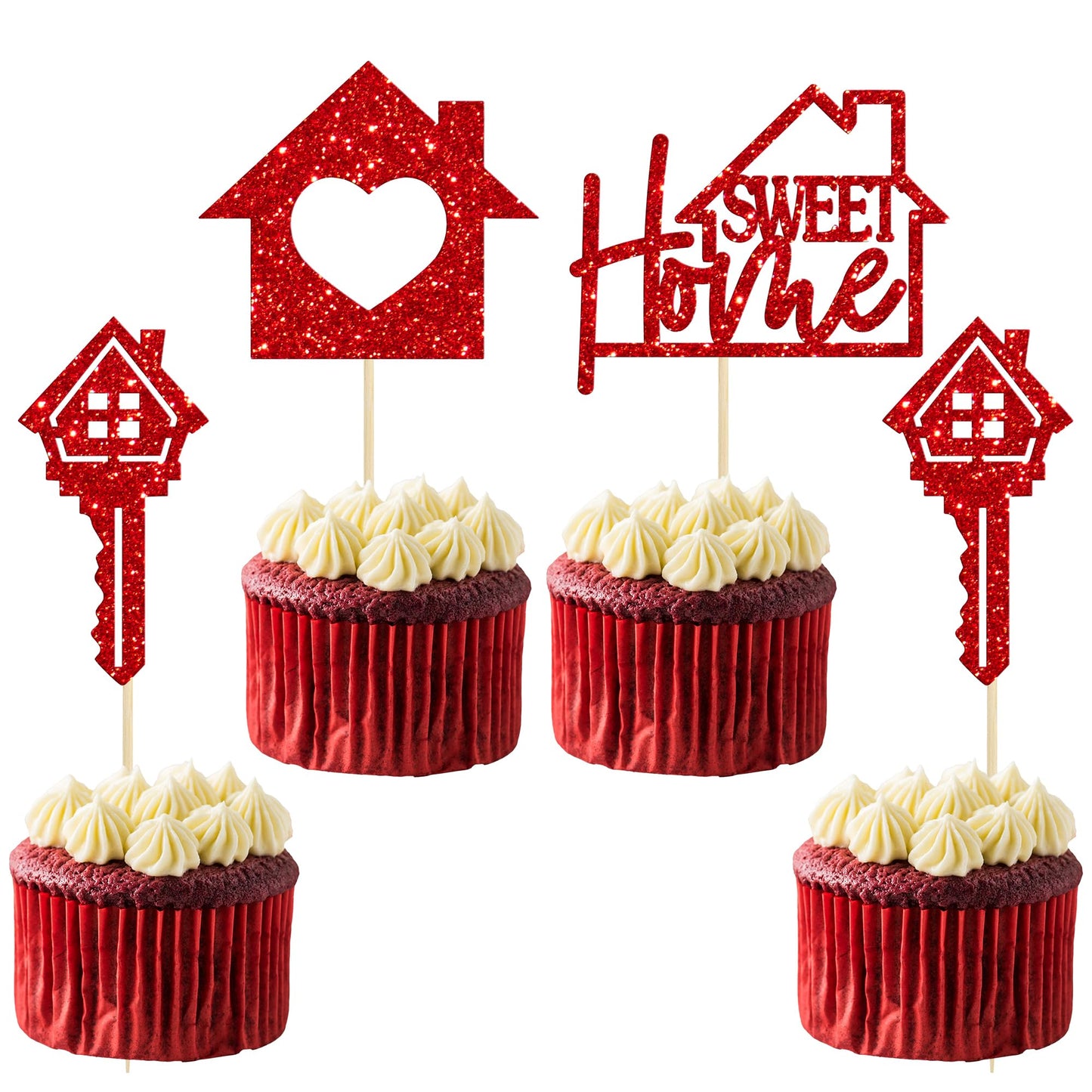 Gyufise Cupcake Toppers - 24 Pack Sweet Home Theme Decorations, Red, Paper