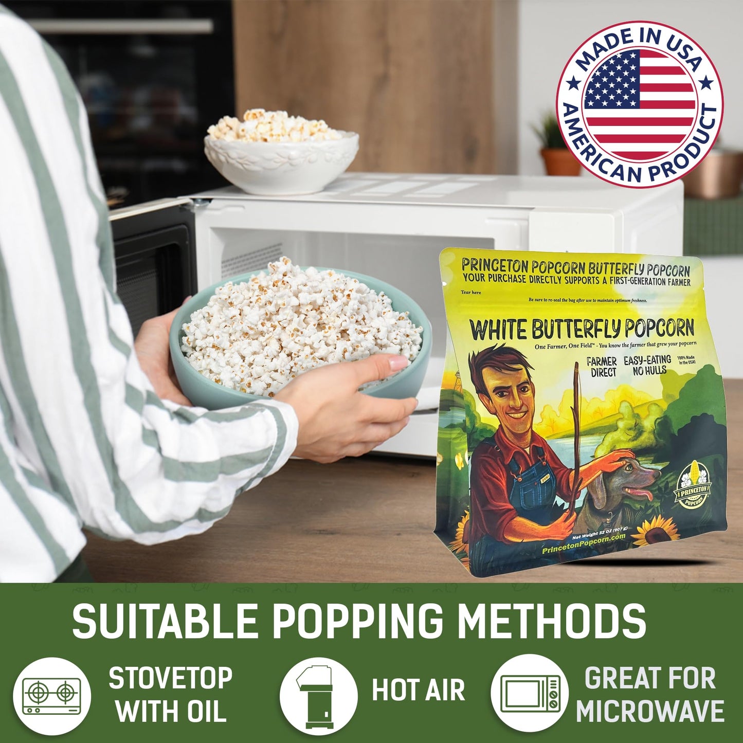 Princeton Popcorn Baby White Popcorn Kernels, Hulless, Gluten Free, 32 Ounce Bag