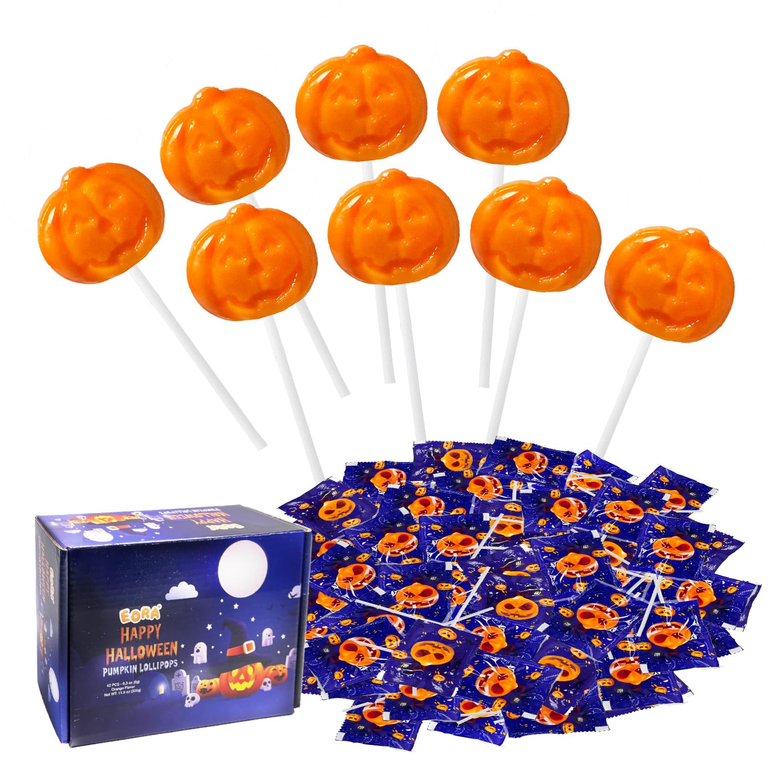EORA Halloween Lollipop Suckers Candy, 42 Count, Pumpkin Shaped, Individually Wrapped, Orange, Model QWLH-HLPO-8G42