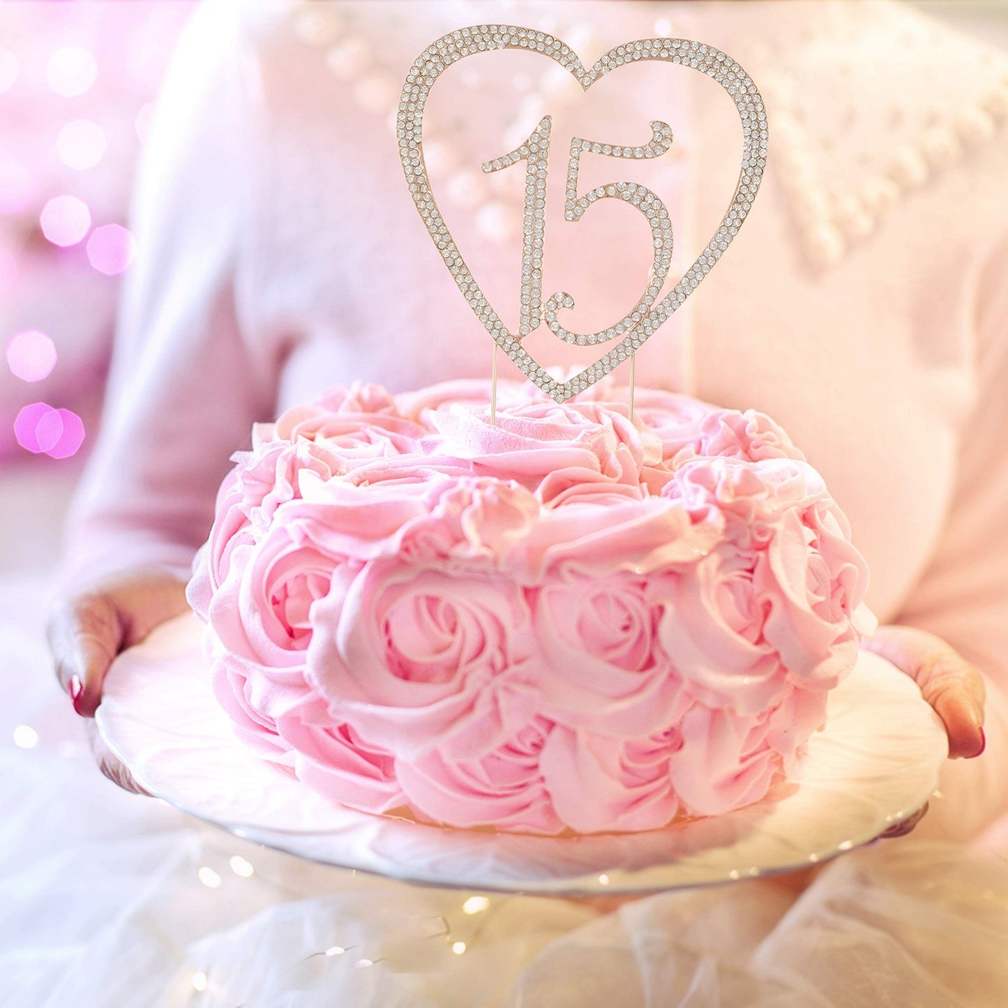 Ella Celebration Quinceaera Number 15 Cake Topper Rhinestone Metal 15Th Birthday Decoration (Rose Gold)