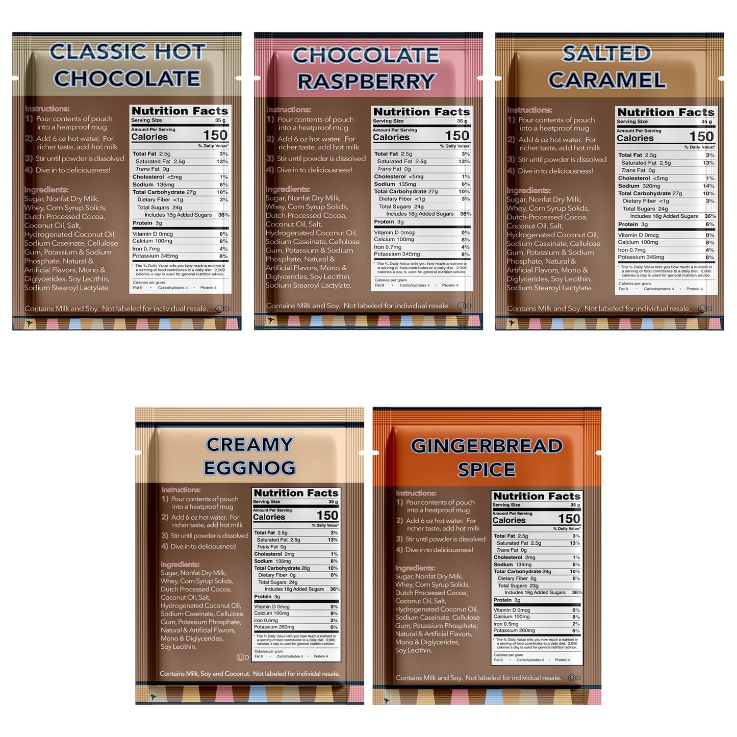 Double Donut Flavored Hot Chocolate Packets Variety Pack,18 Count Includes Classic, Chocolate Raspberry, Salted Caramel & Pepper
