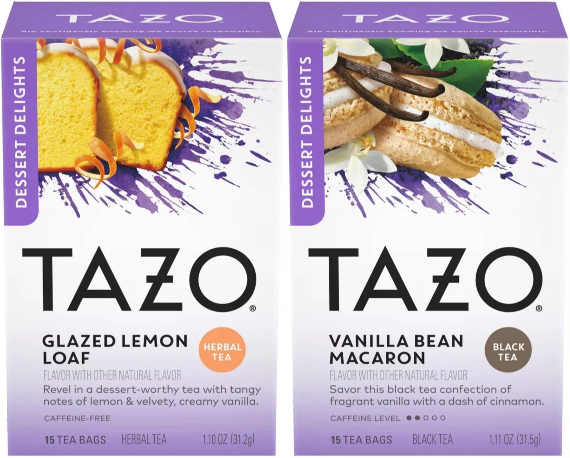 Tazo Dessert Inspired Flavored Tea 2 Flavor Variety Bundle, (1) Each: Glazed Lemon Loaf And Vanilla Bean Macaron (15 Count)