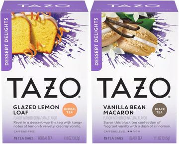 Tazo Dessert Inspired Flavored Tea 2 Flavor Variety Bundle, (1) Each: Glazed Lemon Loaf And Vanilla Bean Macaron (15 Count)