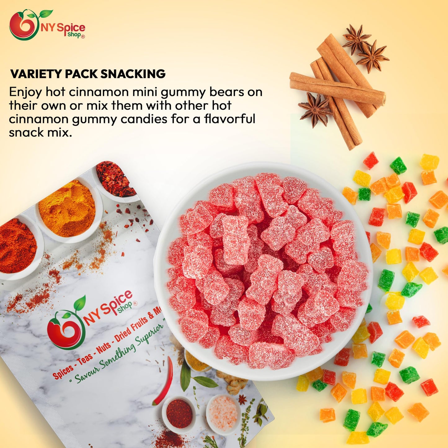 NY Spice Shop Cinnamon Bears - 8 Ounce Sweet and Spicy Cinnamon Gummy Bears - Tasty Cinnamon Bears Candy - Fruit Juice Hot Gummy