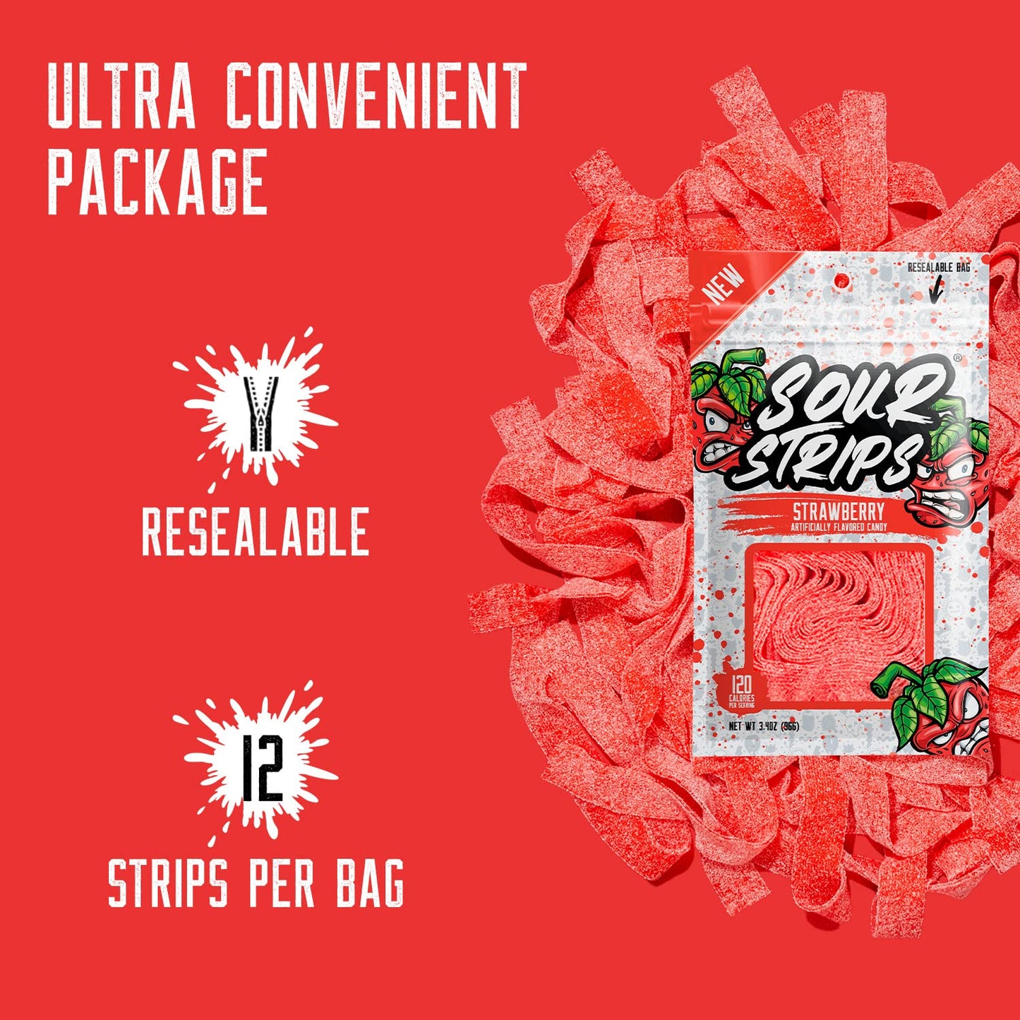 SOUR STRIPS Watermelon Sour Candy Strips | Vegan Friendly | 3.7 oz Pack of 2 | Red