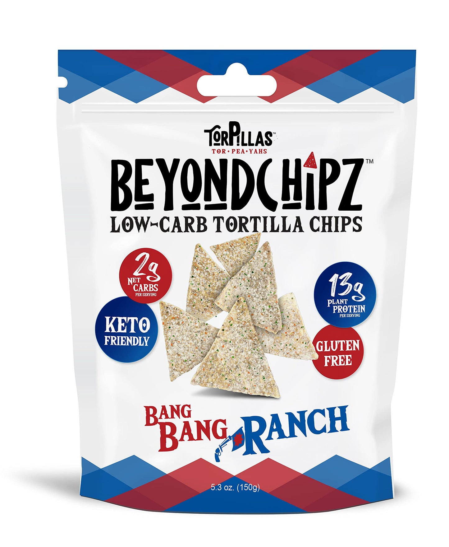 BeyondChipz Keto Tortilla Chips, Low Carb Protein, 2g Net Carbs, 13g Pea Protein, 5.3oz Bag, Bang Bang Ranch Flavor, Pack of 