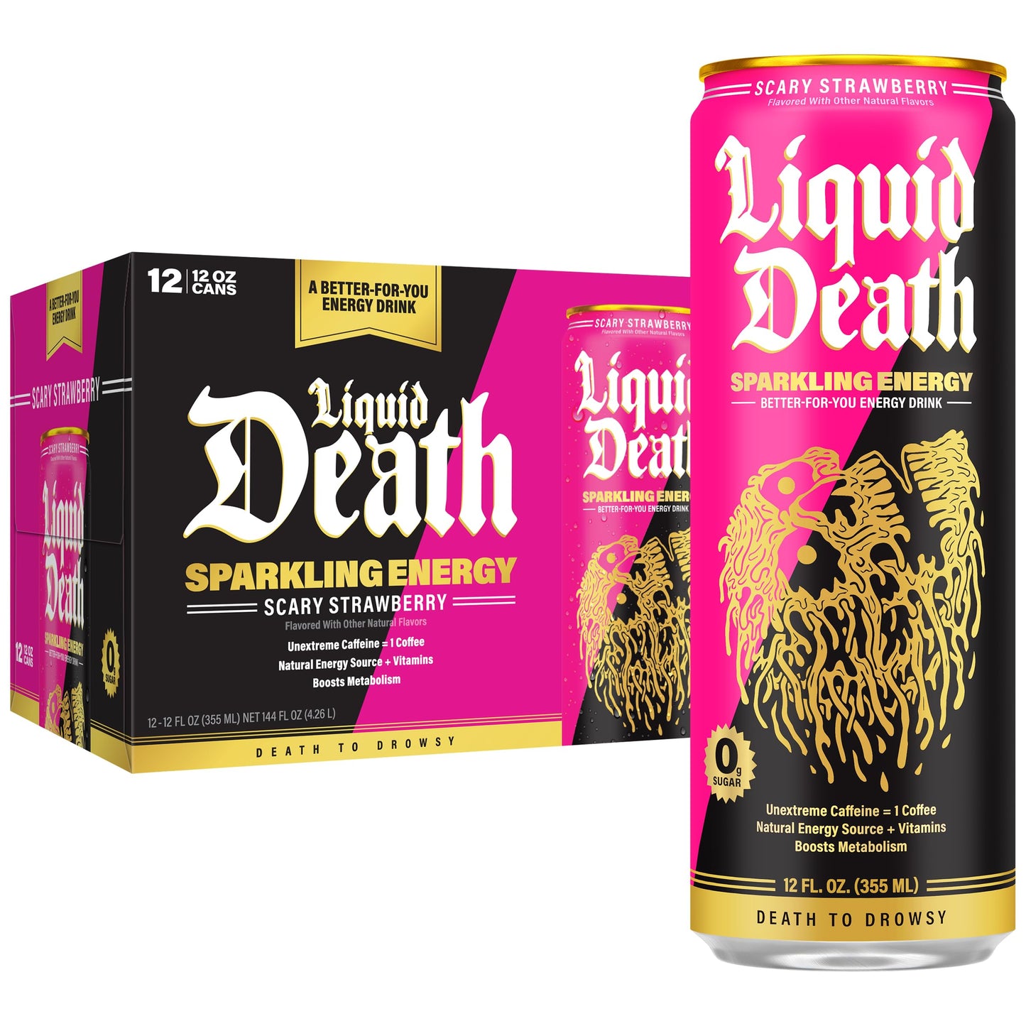 Liquid Death Sparkling Energy - Scary Strawberry (Strawberry and Lemon Flavor)  Sugar-Free Energy Drink  Unextreme Caffeine 100mg  Essential Vitamins  12 Fl Oz (Pack of 12)
