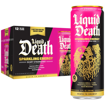 Liquid Death Sparkling Energy - Scary Strawberry (Strawberry and Lemon Flavor)  Sugar-Free Energy Drink  Unextreme Caffeine 100mg  Essential Vitamins  12 Fl Oz (Pack of 12)