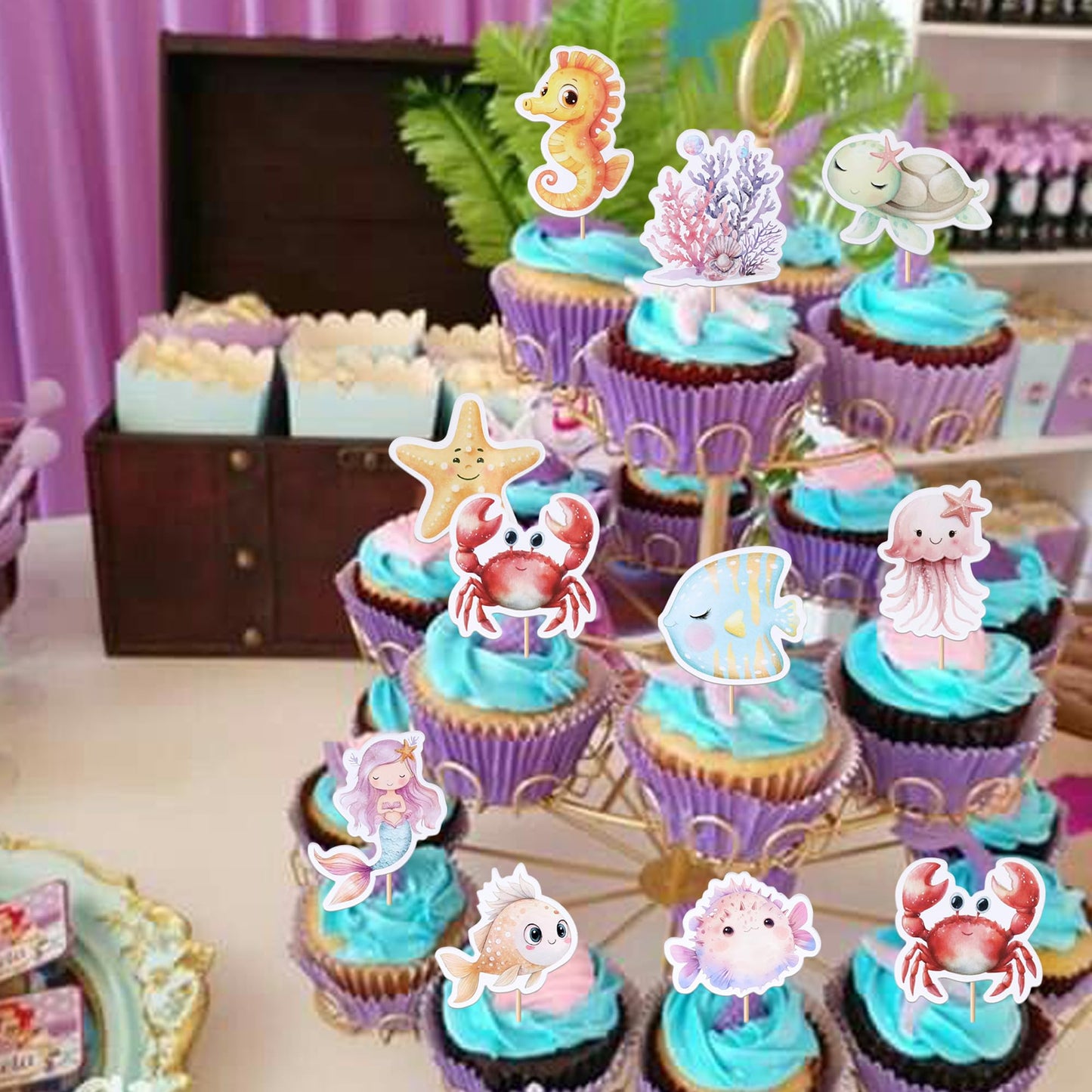 ZHUOWEISM Ocean Animal Cupcake Toppers, 40 PCS Sea Theme Decorations, Turtles, Octopus, Mermaid, Design 8