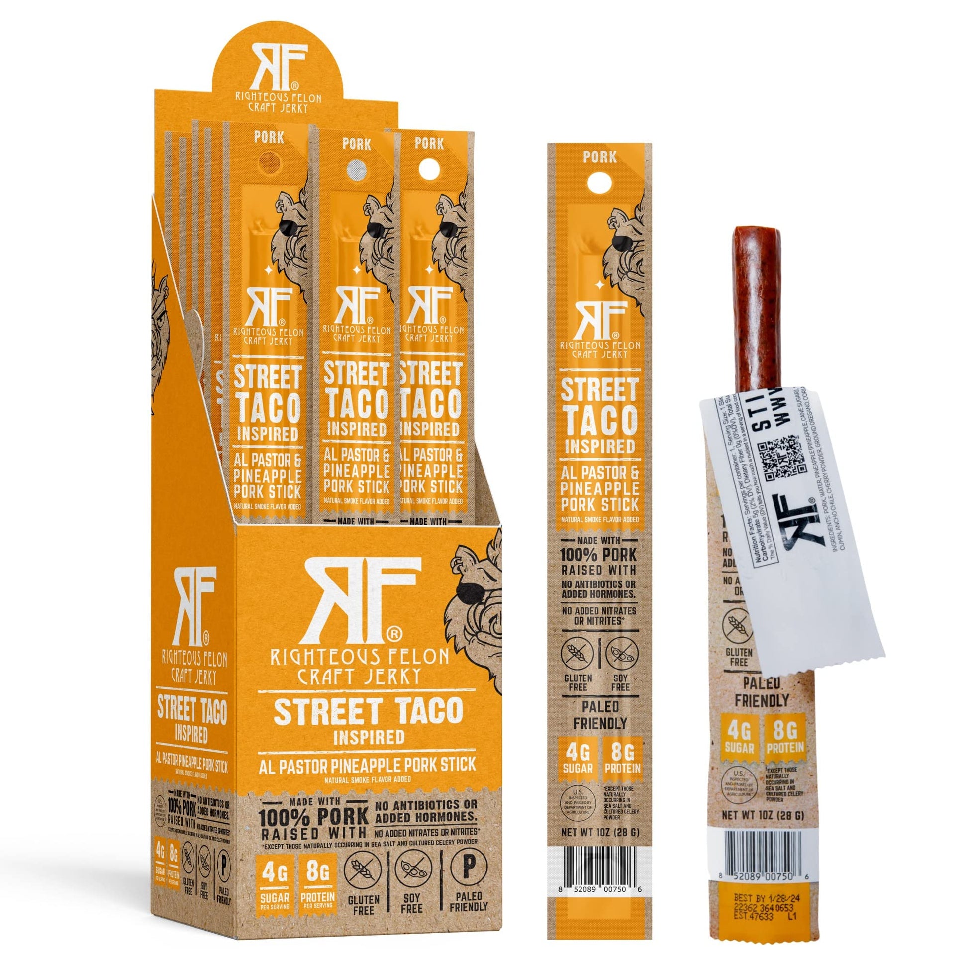Righteous Felon Meat Sticks | 100% Pork Sticks | Gluten Free & Keto Meat Sticks | Low Sugar & High Protein Meat Sticks | Healthy