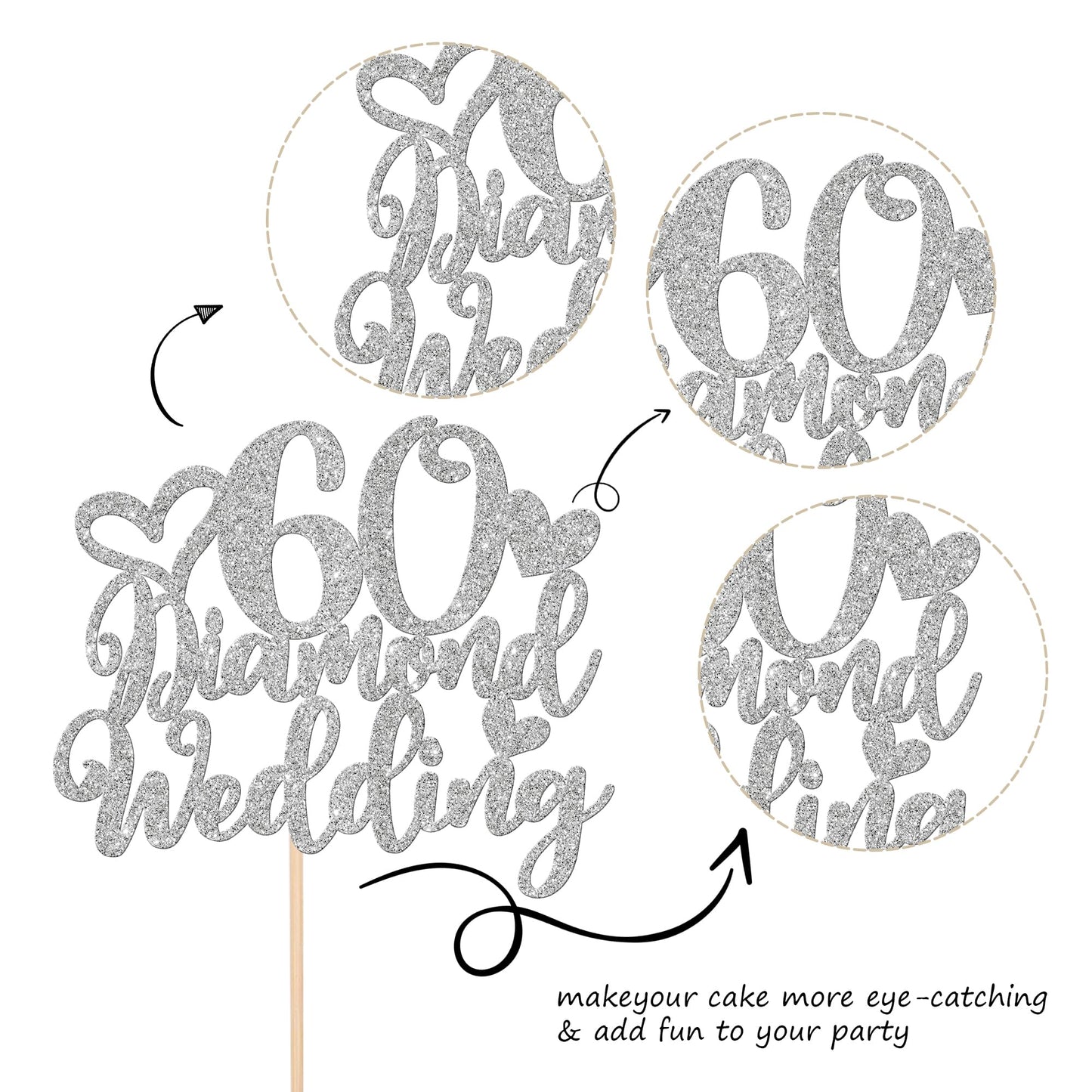 25 Pcs 60Th Anniversary Cupcake Toppers With 60 Diamond Wedding Cake Topper Silver Glitter Heart 60Th Wedding Anniversary Cupcak