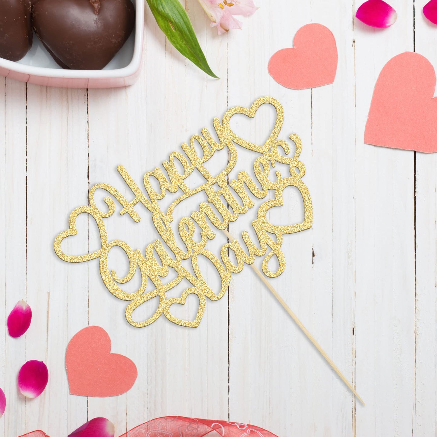 1Pc Happy Valentine'S Day Cake Topper Gold Glitter Valentine'S Day Cake Topper Decorations For Valentine'S Day Theme Wedding Eng