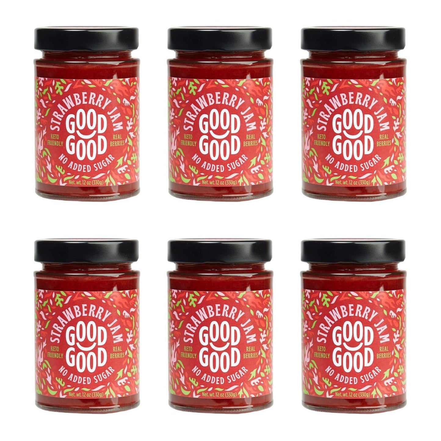 GOOD GOOD Sweet Strawberry Jam - Low Calorie, Vegan, Gluten Free - 12 Ounce (Pack of 6) - Plastic