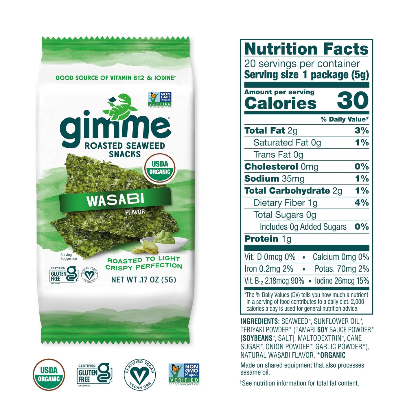 Gimme Seaweed - Wasabi - 20 Count - Organic Roasted Seaweed Sheets - Keto, Vegan, Gluten Free - Great Source Of Iodine & Omega 3