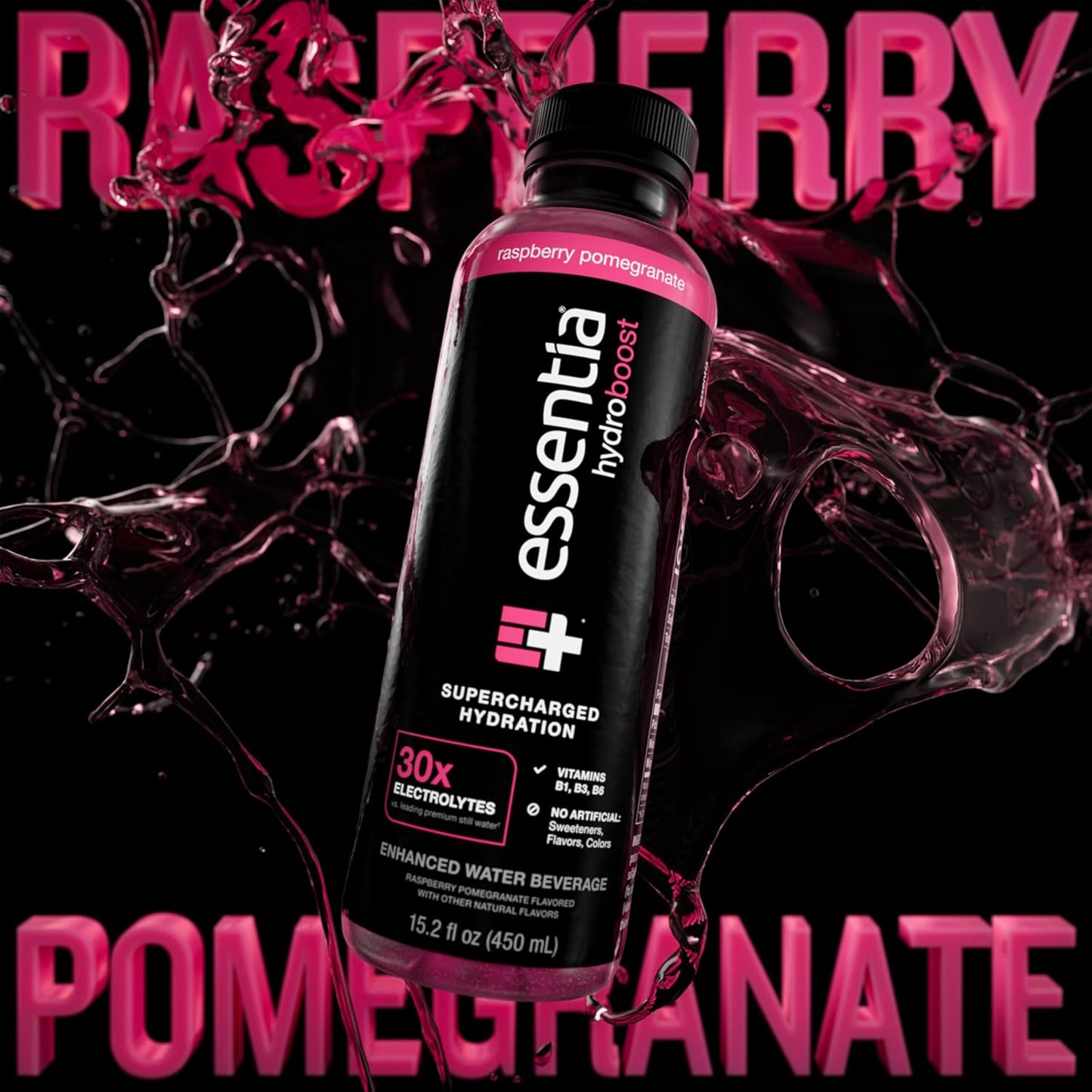 New Essentia Hydroboost Enhanced Bottled Water, 15.2 Fl. Oz. (450 Ml), 12 Pack, Raspberry Pomegranate, Hydrolyte Blend With B-Complex Vitamins And Electrolytes, Clean Taste & Supercharged Hydration