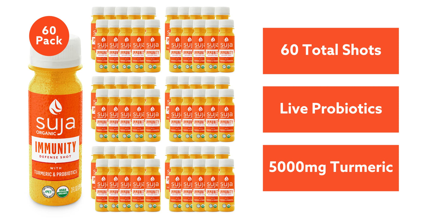 Suja Organic Immunity Defense Shot with Turmeric & Ginger - 60 Pack, 2 Fl Oz Each, Plant-Based, Gluten-Free, Cold-Pressed Juice