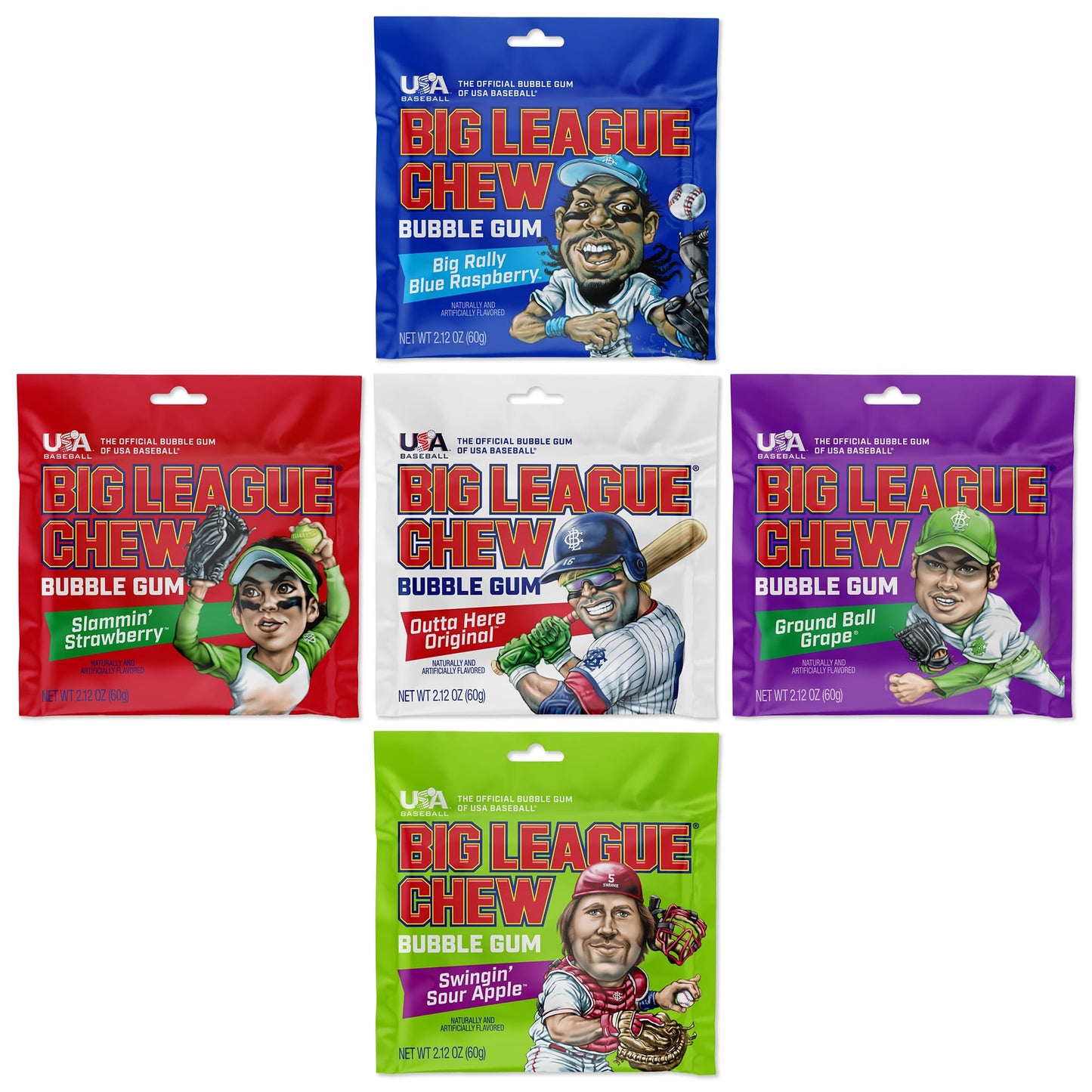 Big League Chew Bulk Baseball Gum Variety Pack - 5 Flavors - 2.12oz Pack - Multi-colored