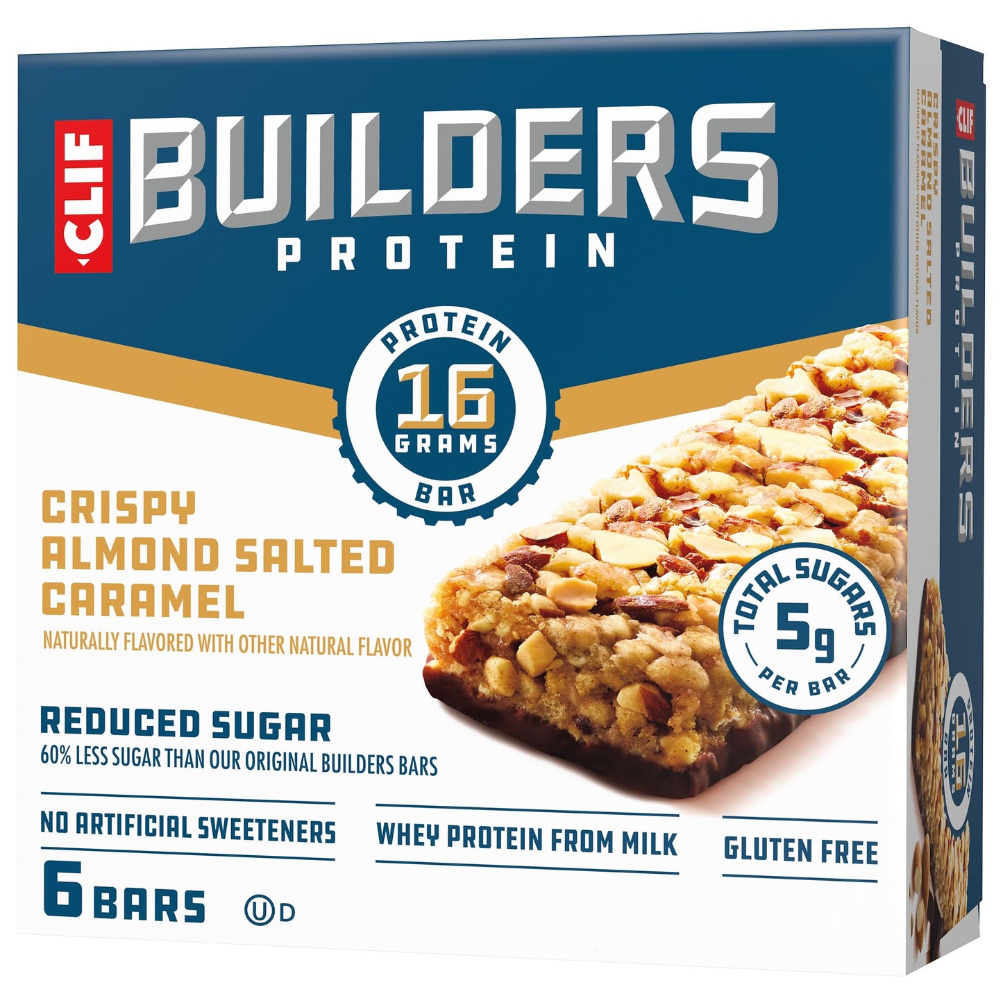 Clif Builders Protein Bars, Crispy Almond Salted Caramel, 16g Protein, Reduced Sugar, Gluten Free, 1.97 oz (6 Pack)