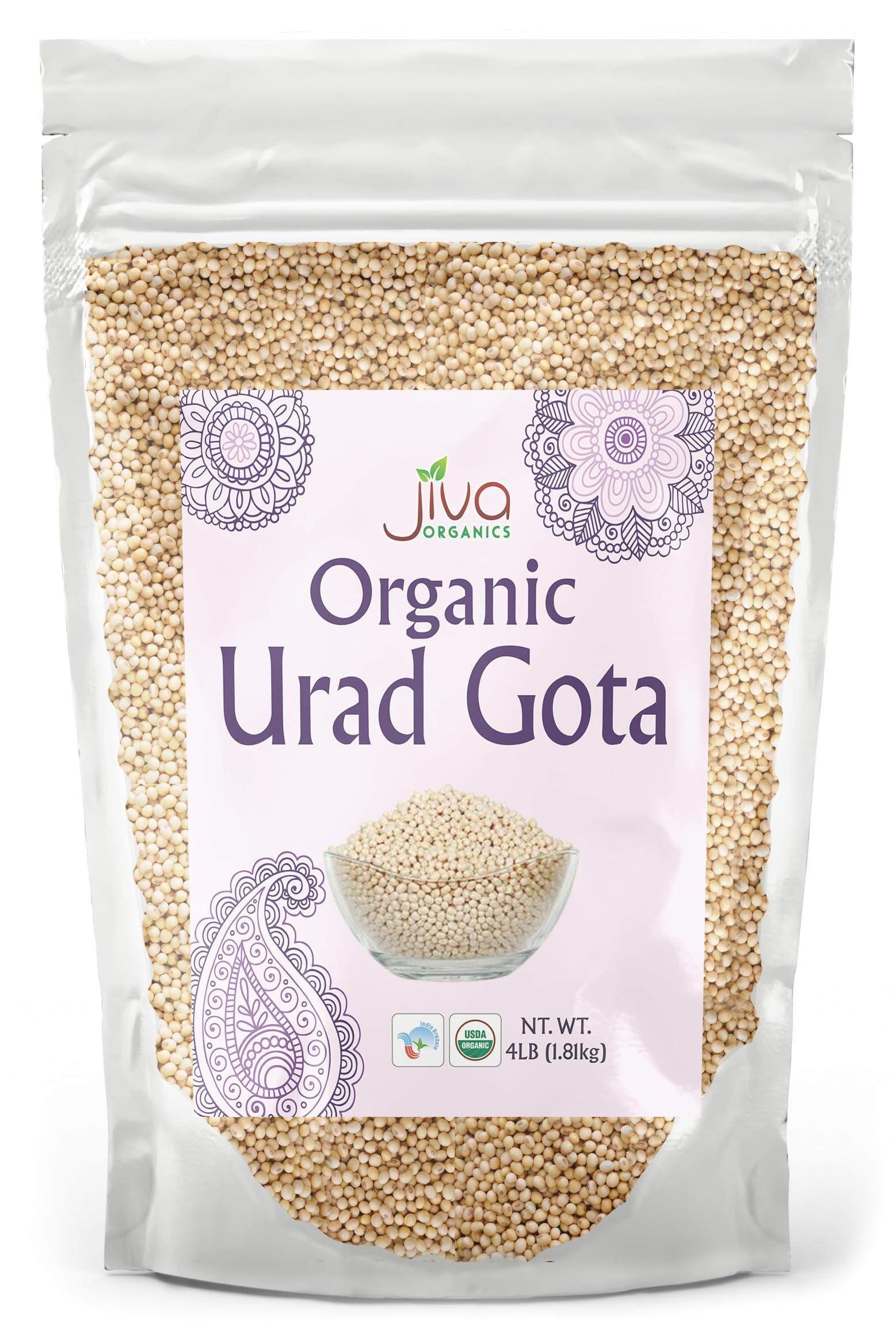 Jiva Organics Urad Gota 4 LB Large Bag (Whole Urid White) - Vegan, Non GMO