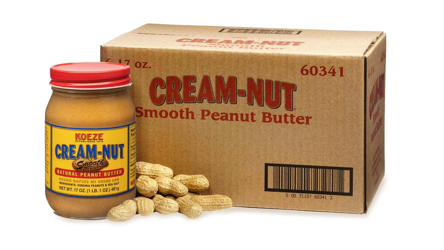 Cream-Nut Natural Smooth Peanut Butter - 17 Ounce Jars (Pack of 6)