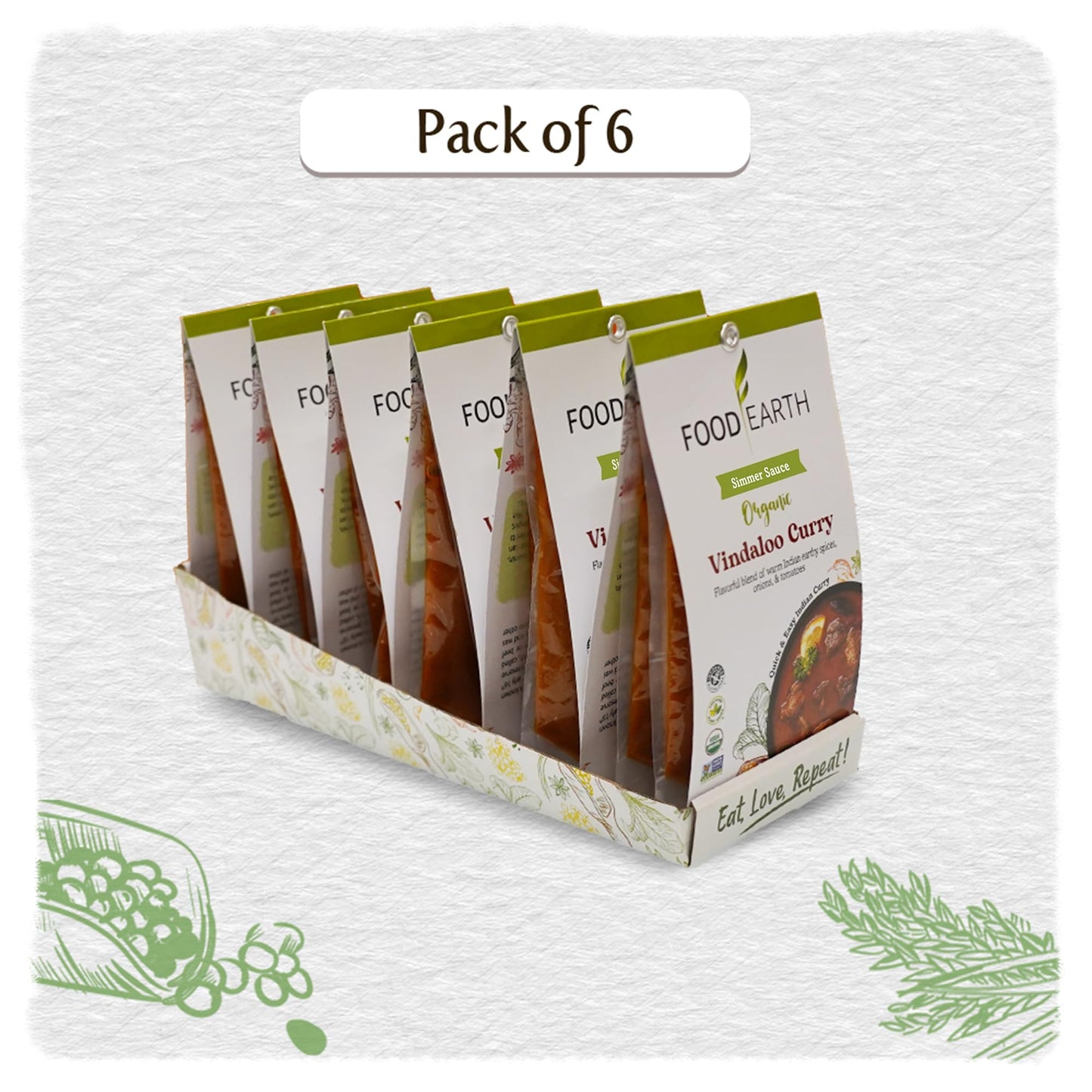 Food Earth Indian Simmer Sauce - Vindaloo Curry - Organic, Vegan, Gluten-Free, GMO-Free - Microwavable Cooking Sauce - 12 Pouche