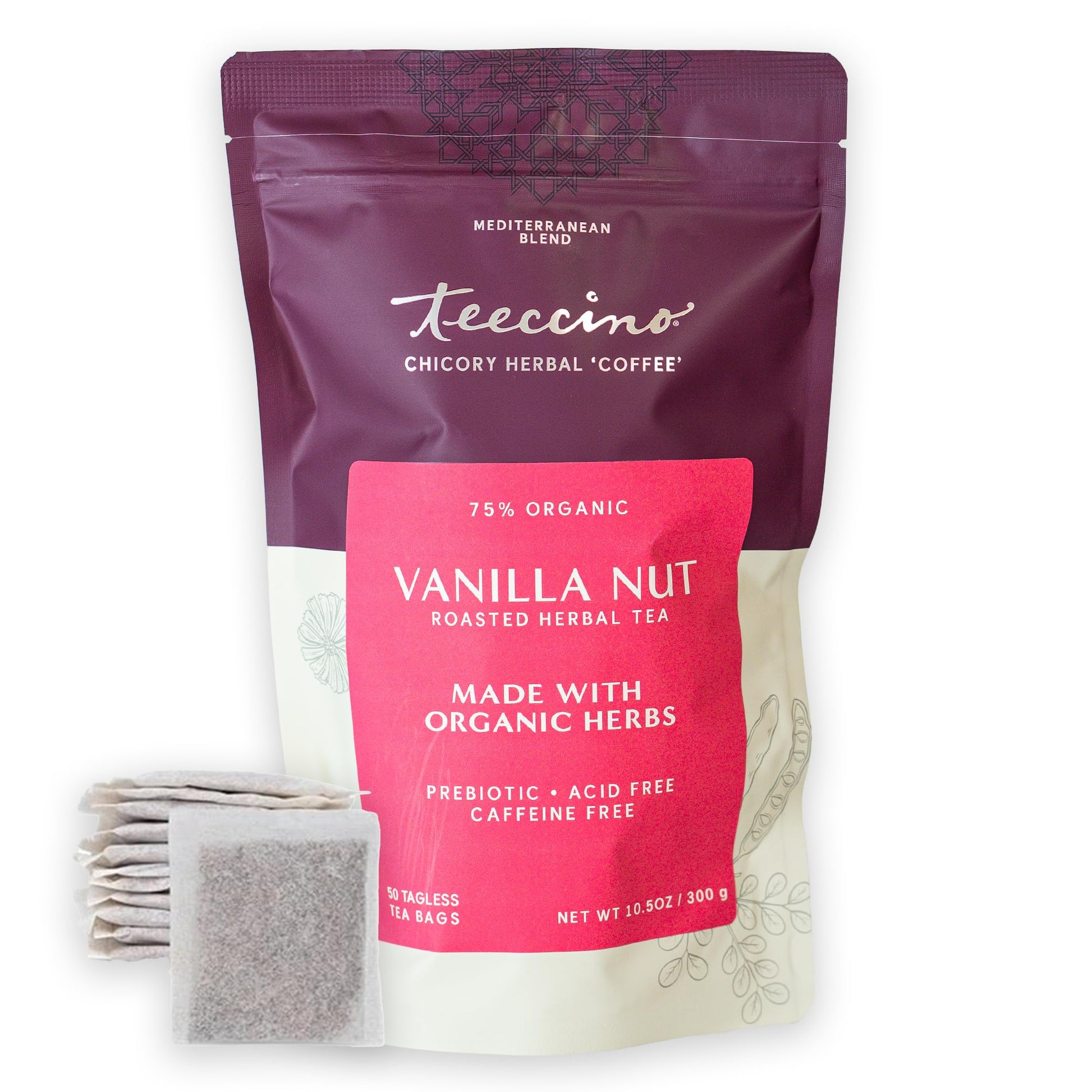 Teeccino Vanilla Nut Herbal Tea  50 Tagless Eco-Friendly Tea Bags - Rich & Roasted Herbal Tea Thats Energy Blend Free & Prebiotic For Natural Energy