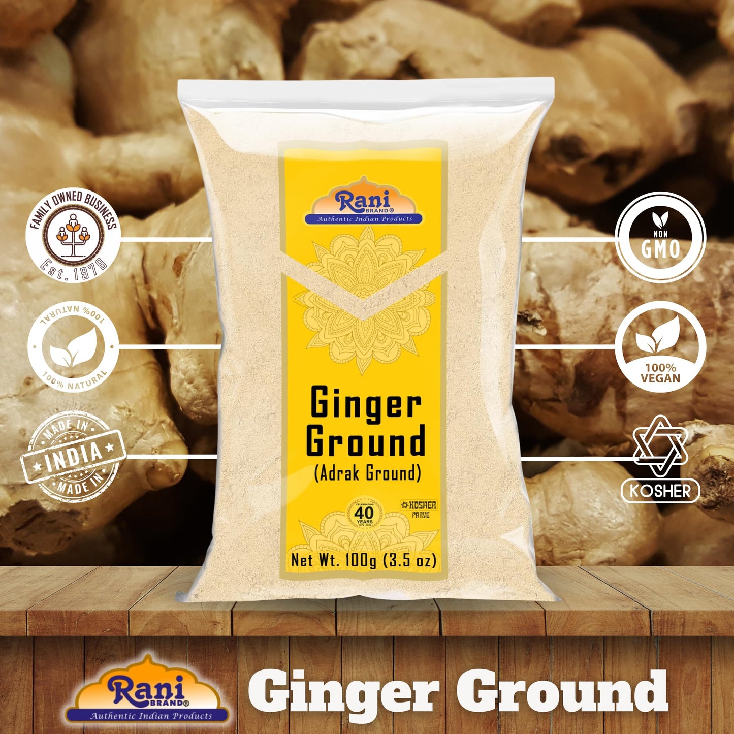 Rani Ginger (Adarak) Powder Ground, Spice 3.5Oz (100G) ~ All Natural | Vegan | Gluten Friendly | Non-Gmo | Kosher | Indian Origi