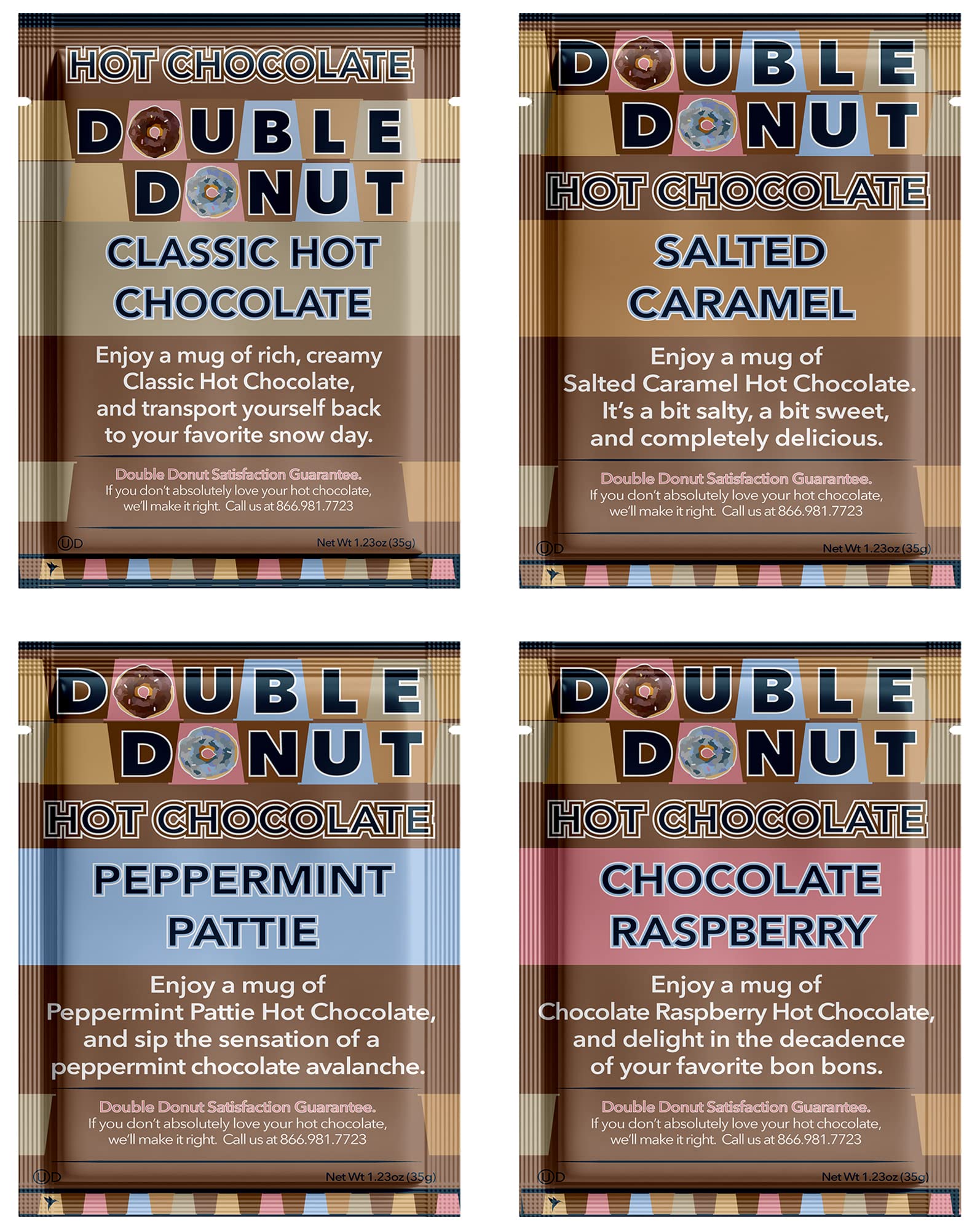 Double Donut Coffee Flavored Hot Chocolate Packets - Gourmet Cocoa Mix Variety Pack, 32 Count, Includes Classic & Seasonal Flavors, Brown