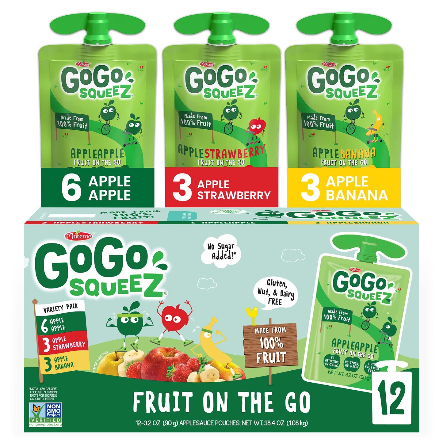 Gogo Squeez Fruit On The Go Variety Pack, Apple, Banana & Strawberry, 3.2 Oz (Pack Of 12), Unsweetened Fruit Snacks For Kids, Gl