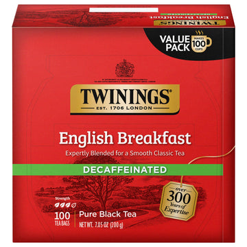 Twinings Decaffeinated English Breakfast Black Tea, 100 Individually Wrapped Tea Bags, Smooth, Flavourful Black Tea, Enjoy Hot O