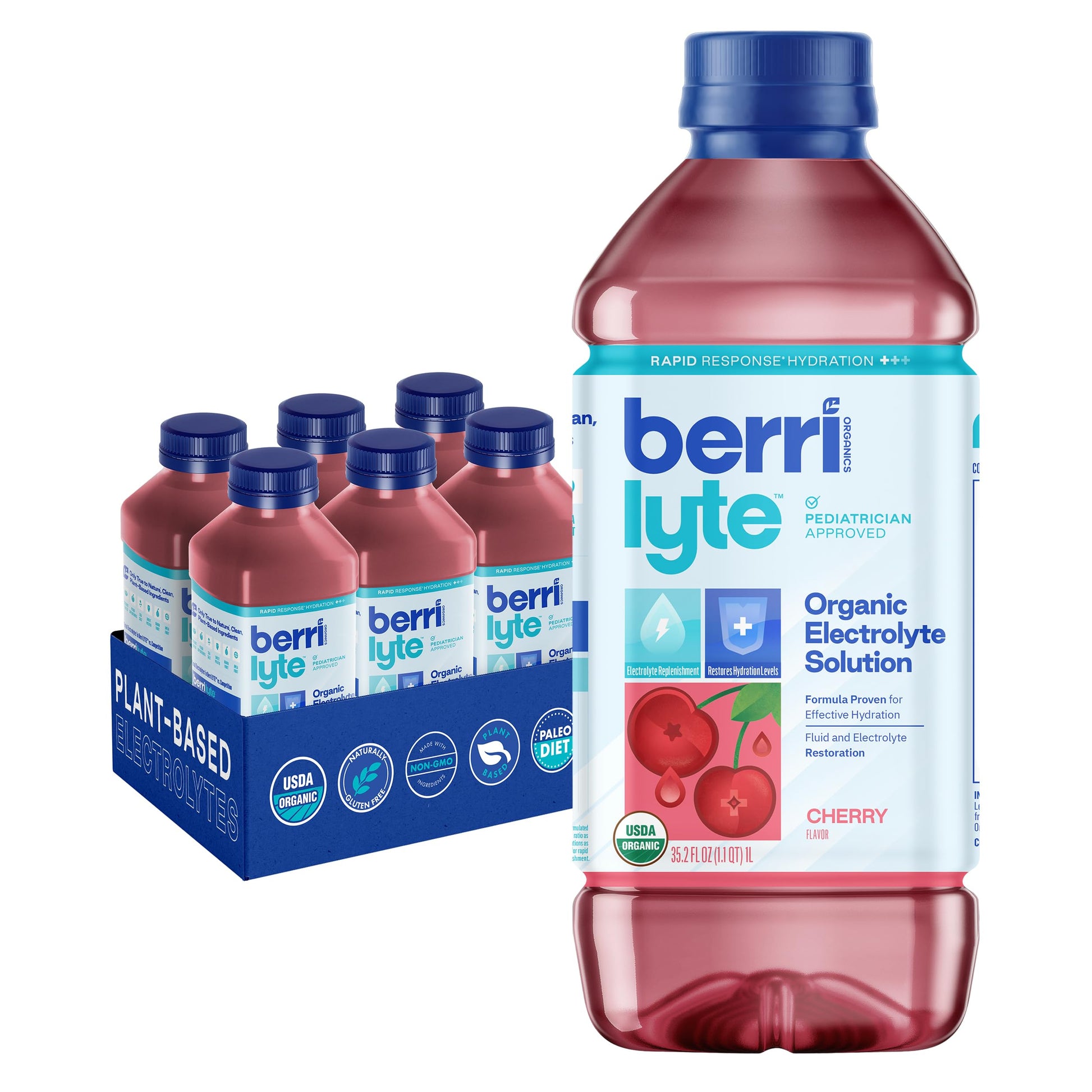 Berri Lyte Electrolytes Hydration Beverages With Coconut Water, Organic & Plant Based Electrolyte, Pediatric Rehydration Drink, Cherry, 1 L, 6 Count