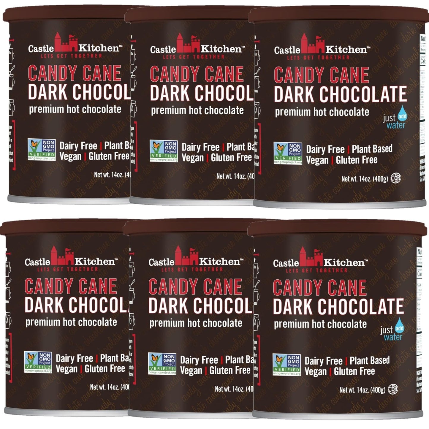 Castle Kitchen Candycane Hot Chocolate (6 Pack, 14oz Ea.) - Dairy Free, Vegan Christmas Hot Cocoa Mix made With Dark Chocolate a