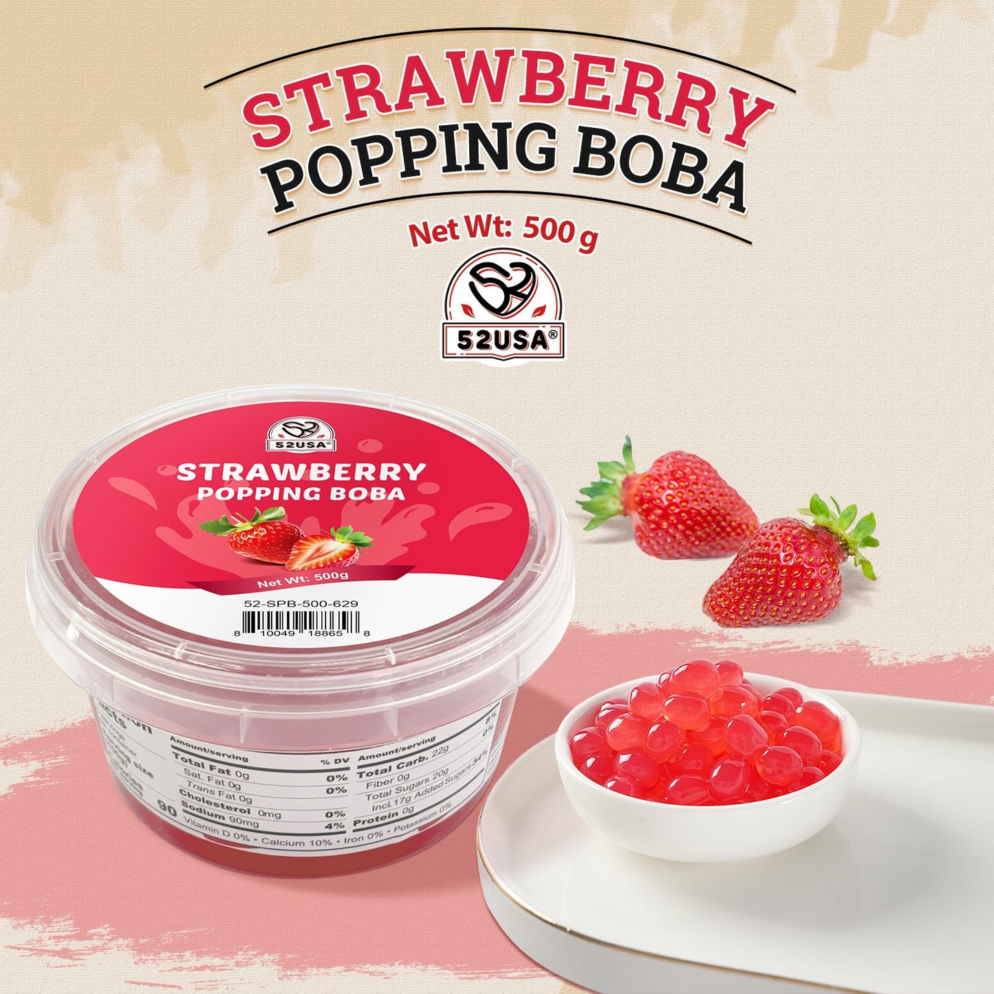 52Usa Strawberry Popping Boba (500G), Popping Pearls For Bubble Tea, Beverages, Sweets, Ice Cream, Shakes, Desserts & Smoothies