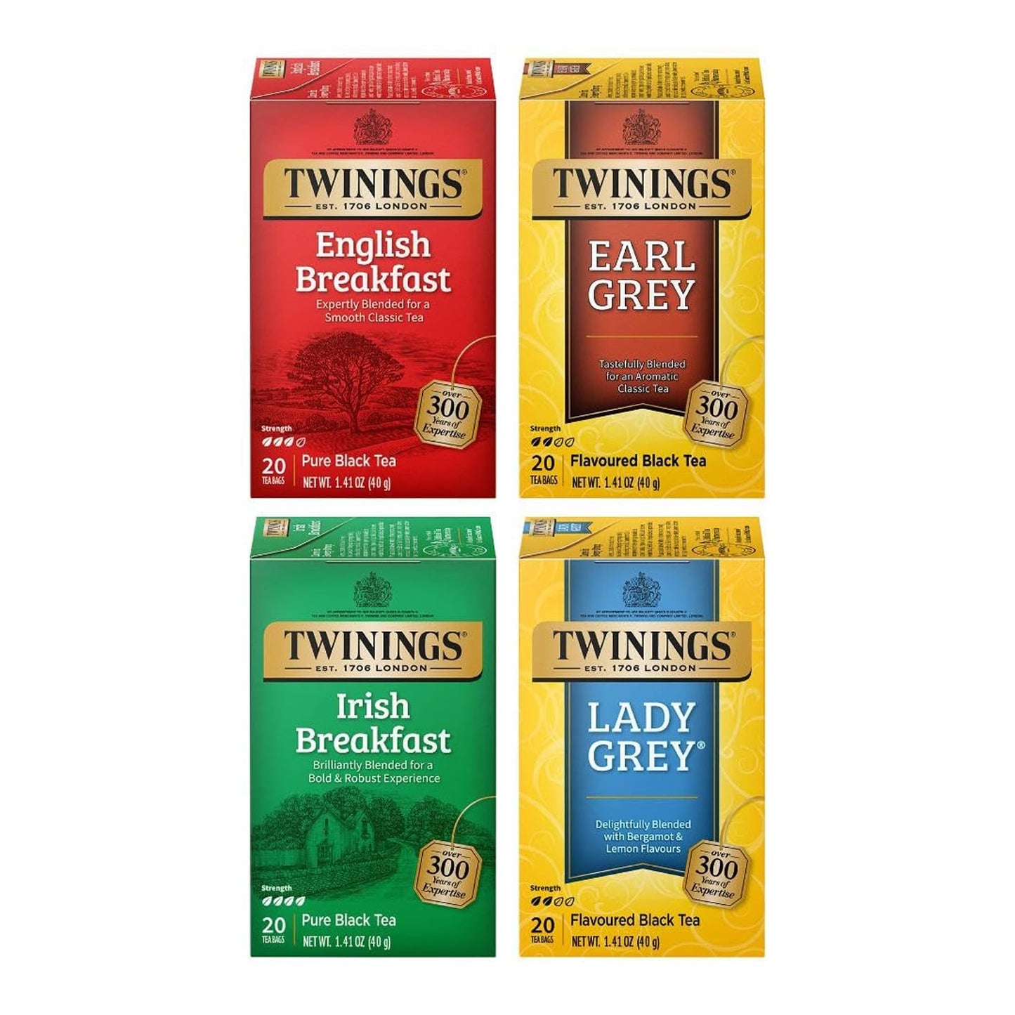 Twinings Variety Pack Black Tea Bags, 20 Count (Pack of 4), Includes English Breakfast, Earl Grey, Irish Breakfast, and Lady Gre