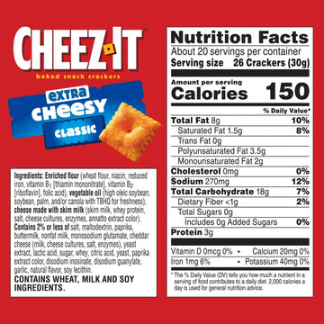 Cheez-It Cheese Crackers, Baked Snack Crackers, Lunch Snacks, Family Size, Extra Cheesy, 21oz Box (1 Box) (Pack of 2)