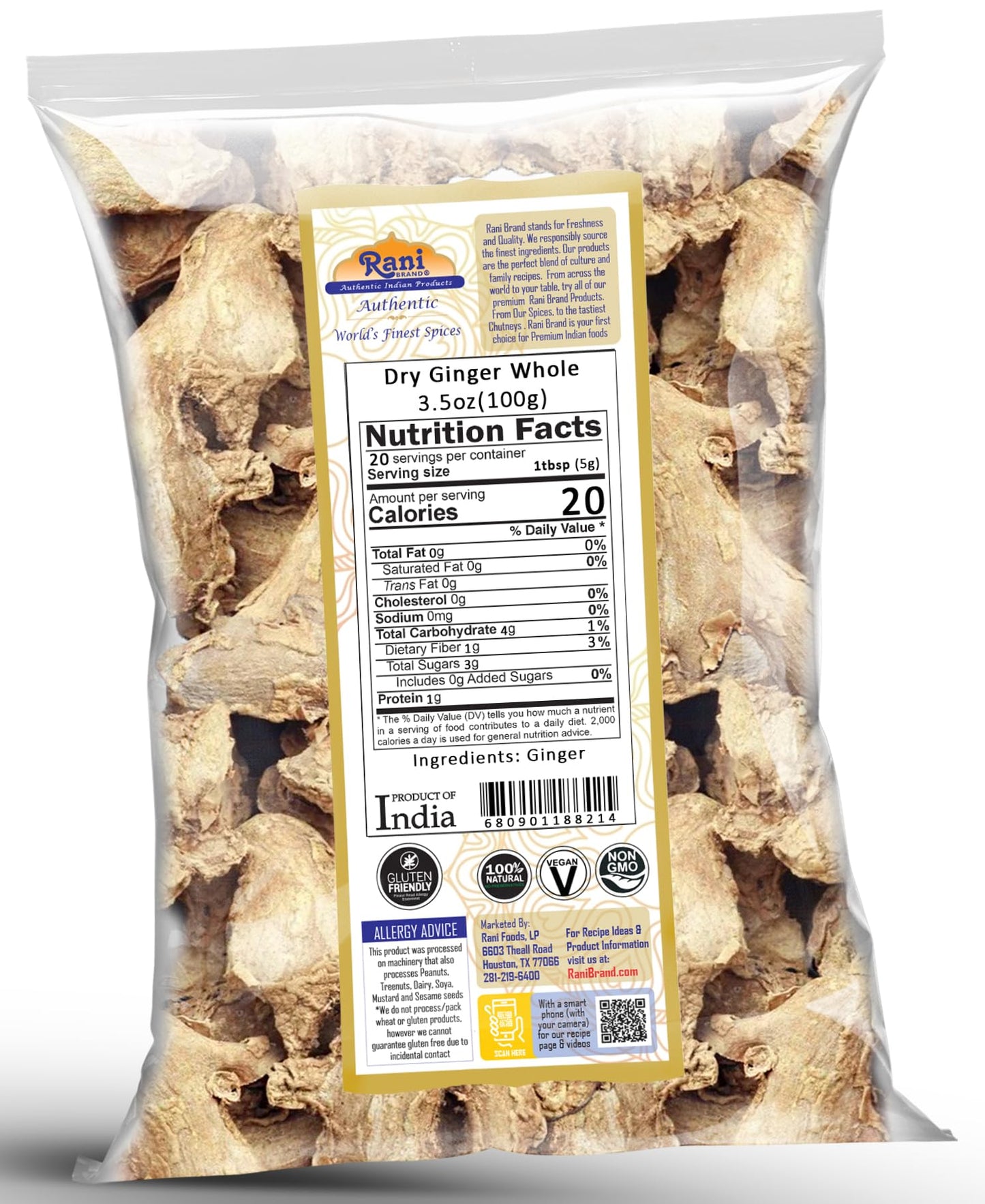 Rani Ginger (Adarak Sabut) Whole, Spice 3.5Oz (100G) ~ All Natural | Vegan | Gluten Friendly | Non-Gmo | Kosher | Indian Origin