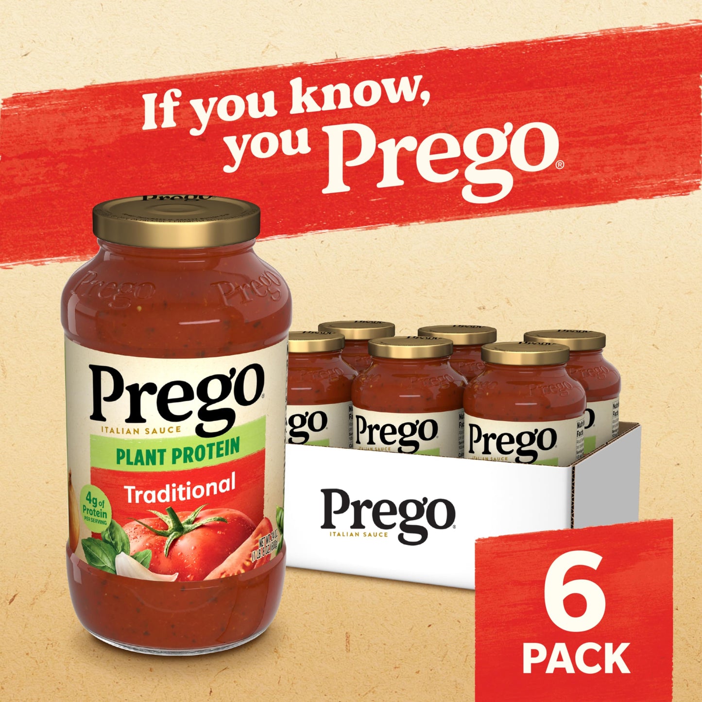 Prego Plant Protein Traditional Pasta Sauce, Plant Based Protein Sauce, 24 Oz Jar (Case Of 6)