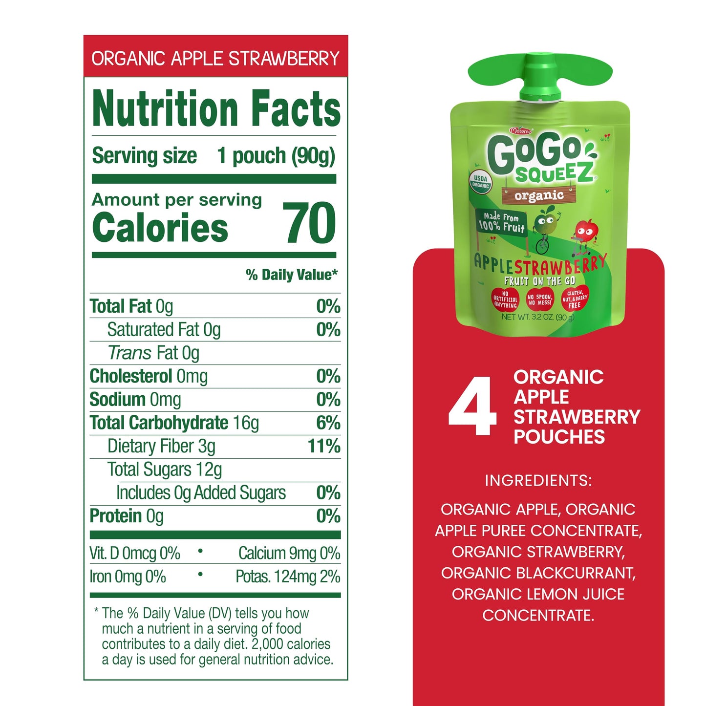GoGo SqueeZ Organic Applesauce, Apple Strawberry, 3.2 Ounce (4 Pouches), Gluten Free, Vegan, Unsweetened, BPA Free