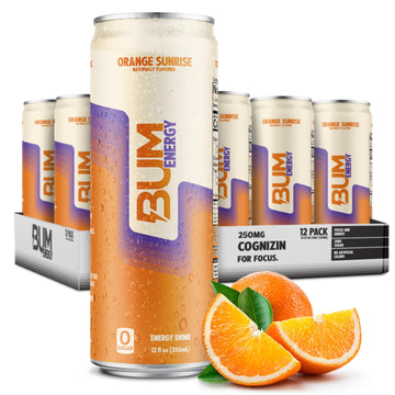 Bum Sugar-Free Energy Drink  Orange Sunrise - Lightly Carbonated & No Artificial Colors  Natural Energy Blend & Citicoline For Energy & Focus  Brain Boost & Workout Sports Beverage - 12 Oz  Pack Of 12