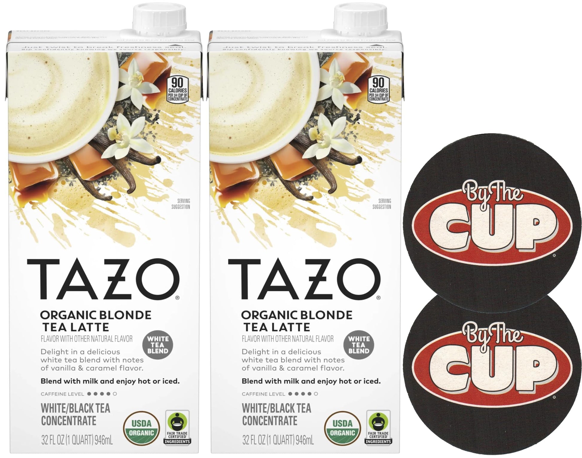 Tazo Organic Blonde Latte Concentrate, 32 Oz (Pack Of 2) With By The Cup Coasters