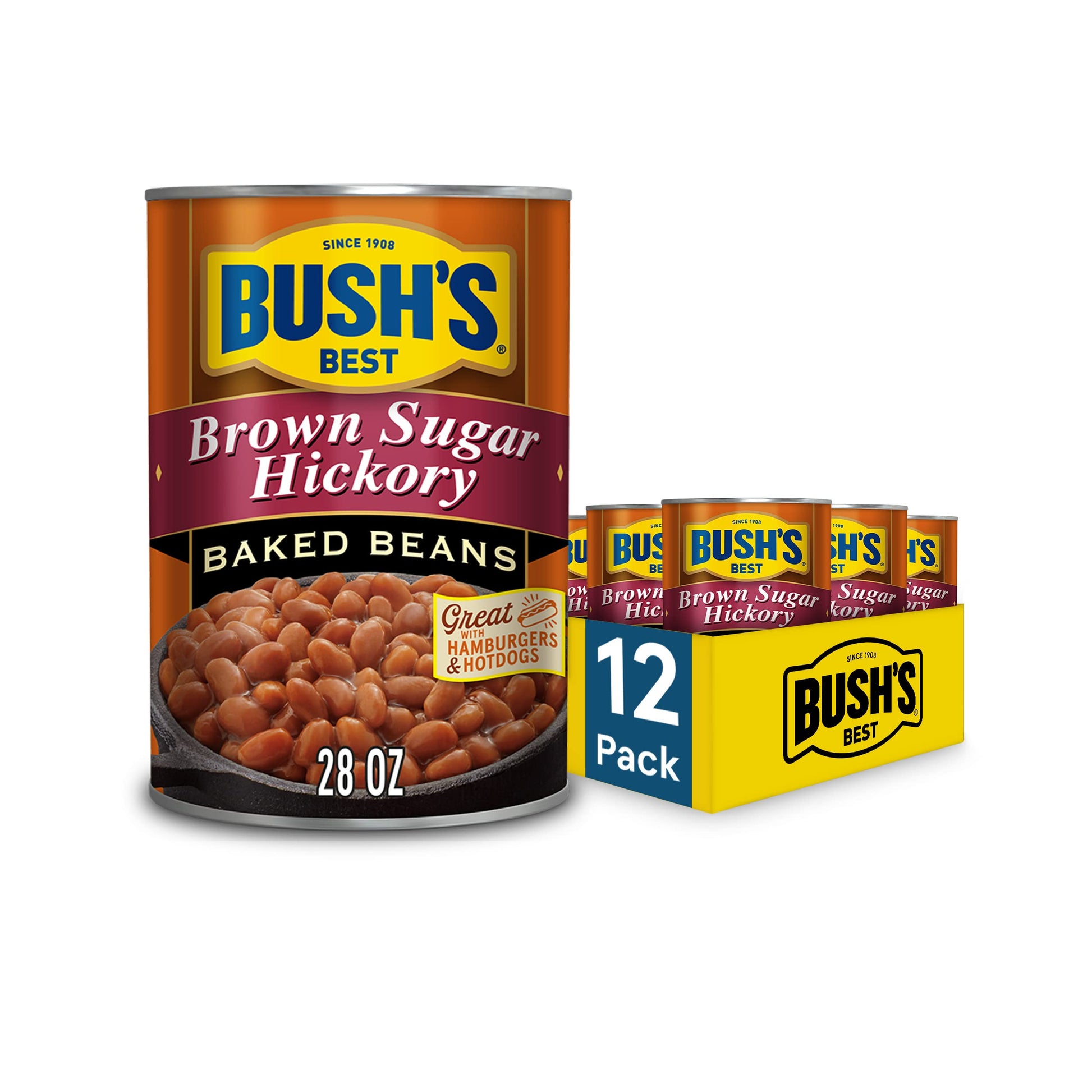 BUSH'S BEST Canned Brown Sugar Hickory Baked Beans, Source of Plant Based Protein and Fiber, Low Fat, Gluten Free, 28 oz (Pack o