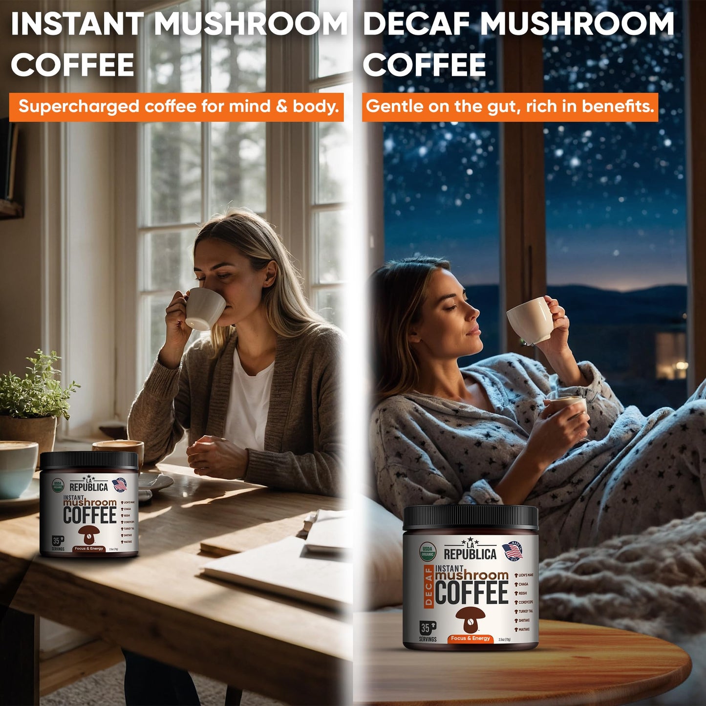 La Republica Organic Instant Mushroom Coffee (2.5Oz) + Decaf (2.5Oz) - 70 Servings With Coasters & Mixing Spoon - 100% Arabica W