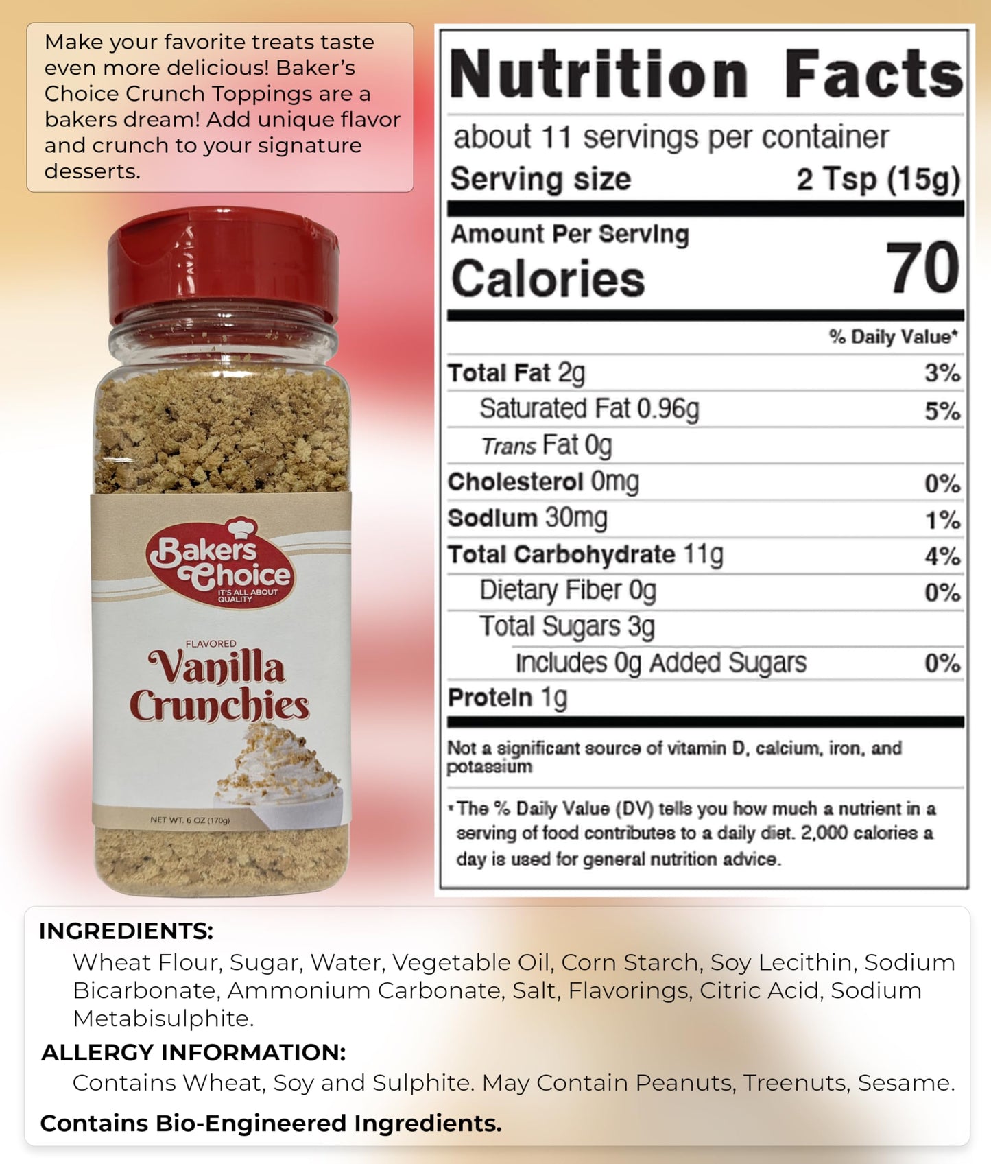 Bakers Choice Vanilla Crunch Topping - Dairy Free Light Brown Sprinkles for Ice Cream - 6 Ounce