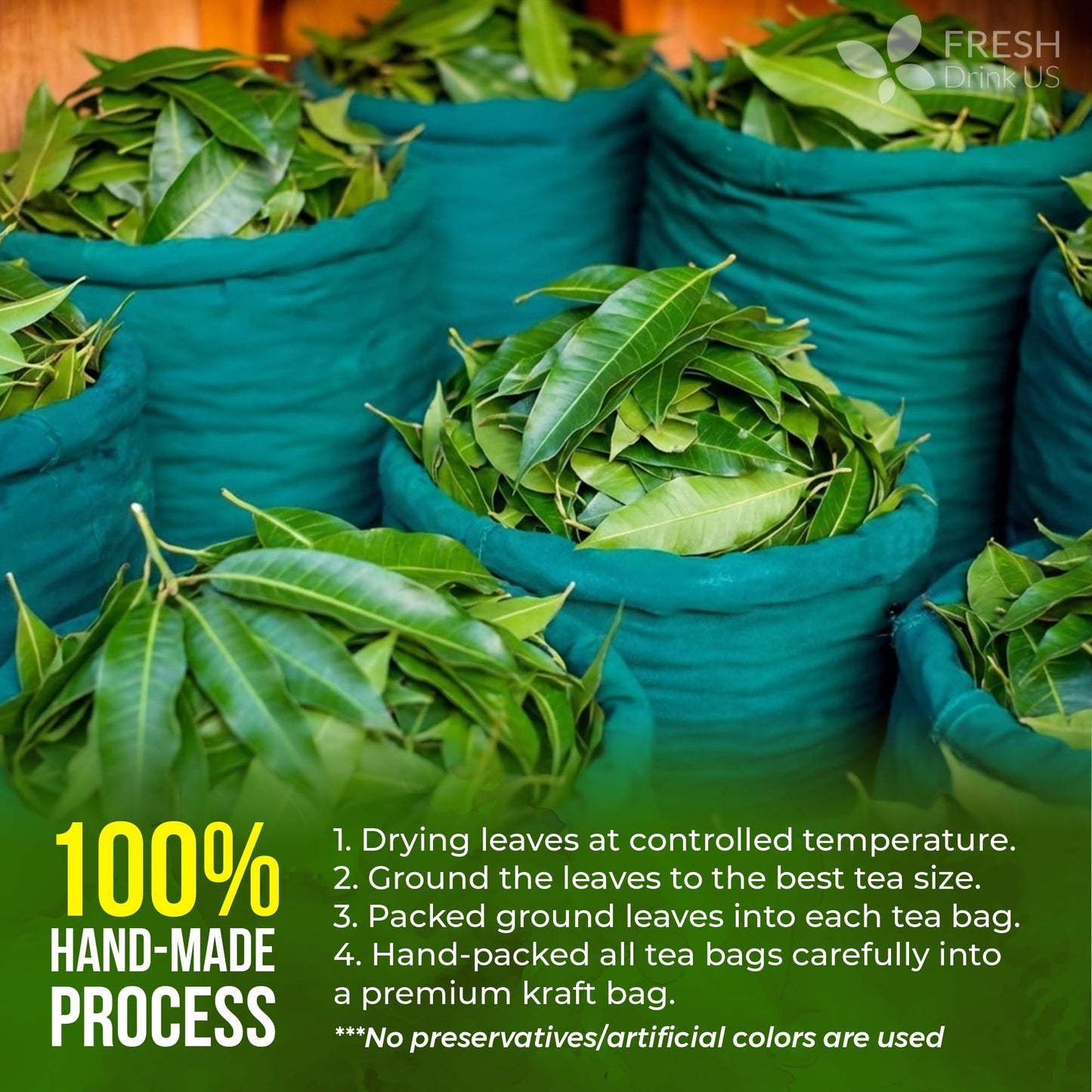 Freshdrinkus, Enhanced 100 Mango Leaf Tea Bags, 100% Natural & Pure From Mango Leaves. Loose Leaf Herbal Tea. No Sugar, No Caffeine, No Gluten, Vegan.