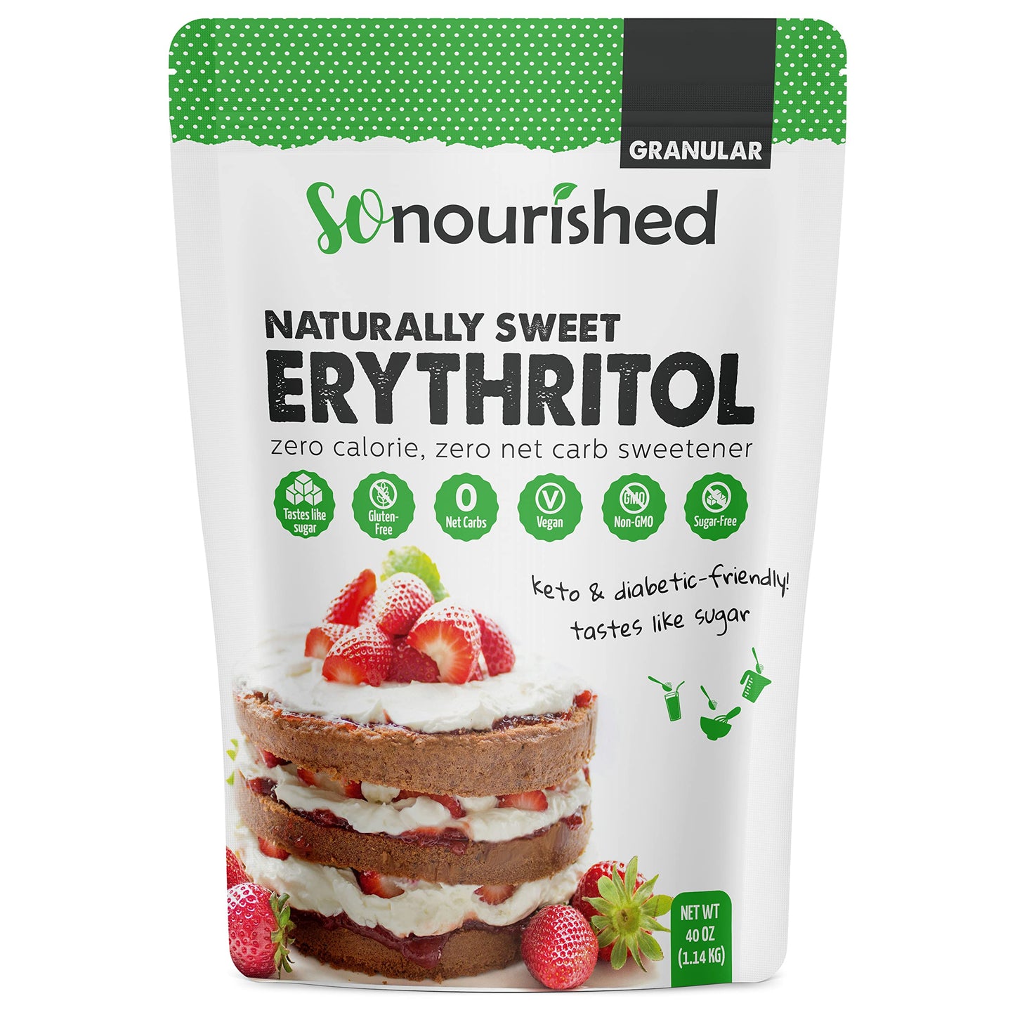 So Nourished Erythritol Sweetener - 1:1 Sugar Substitute, Keto, 0 Calorie, 40 oz