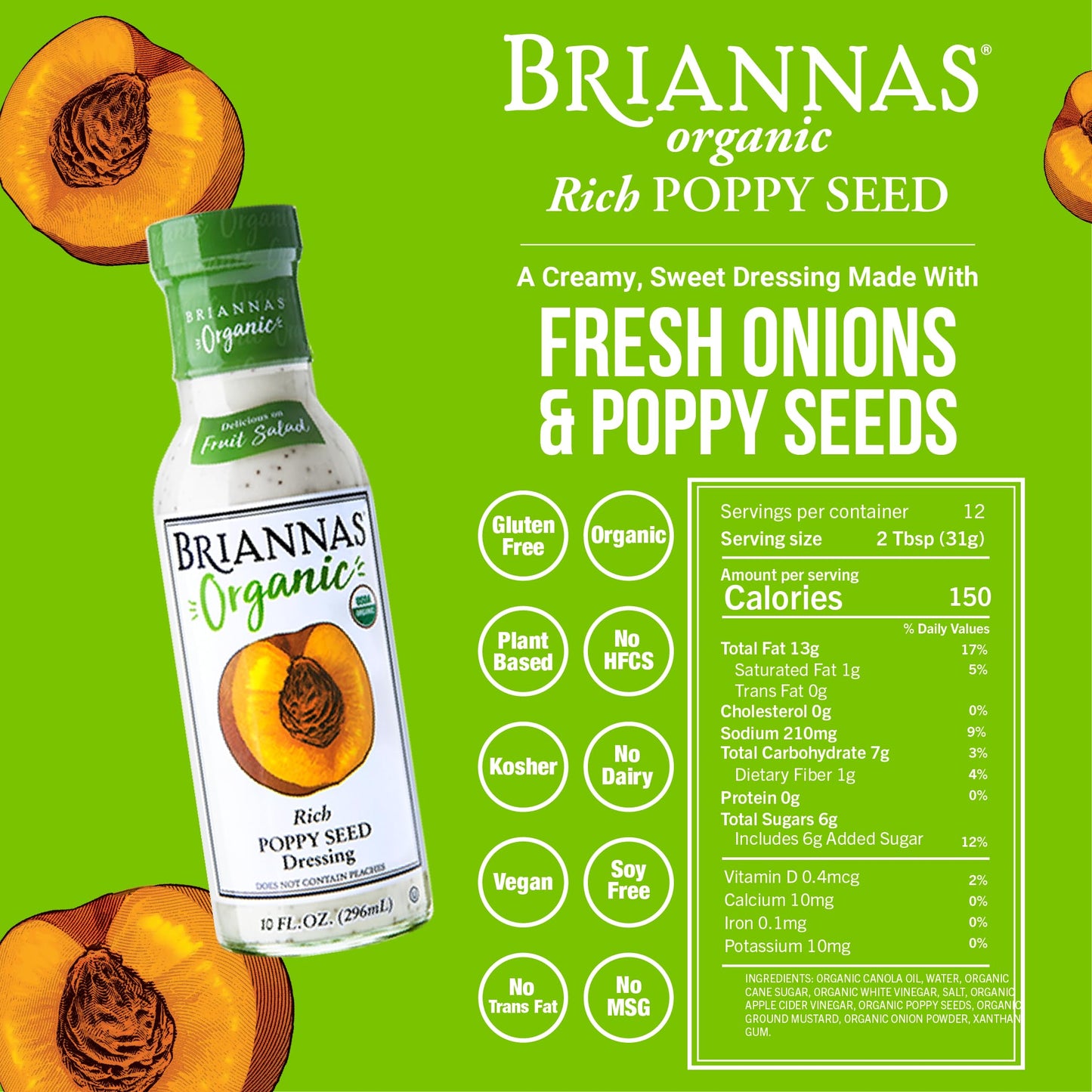 Briannas - Certified Organic & Kosher Dressing Variety Pack - Mango Vinaigrette, Real French Vinaigrette, & Rich Poppy Seed - Ma
