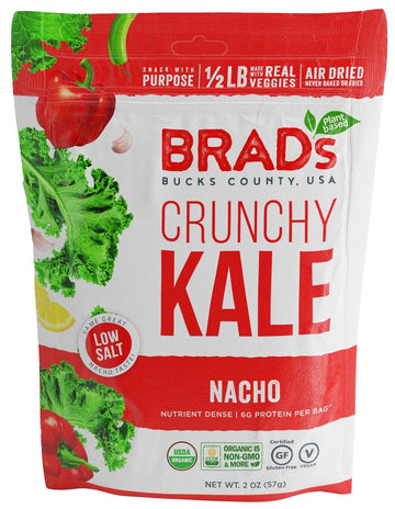 Brads Plant Based Organic Crunchy Kale, Nacho, Low Salt, 12 Bags, 24 Servings Total